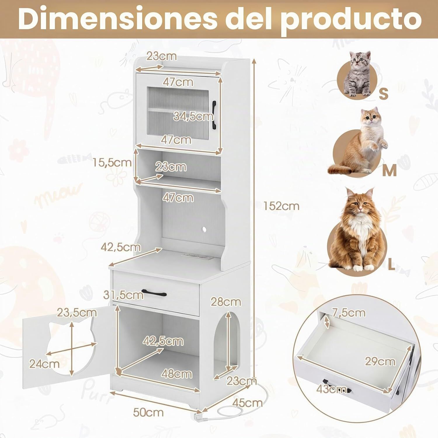 COSTWAY Mueble Arenero Gatos Alto con Luz LED, Armario Arenero para Gatos con Estantes, Estaci&oacute;n de Carga, Caj&oacute;n, 20 Modos de Luz, Control Remoto, Mueble Auxiliar para Gato, 50x45x152cm, Blanco, , large Imagen numero 5