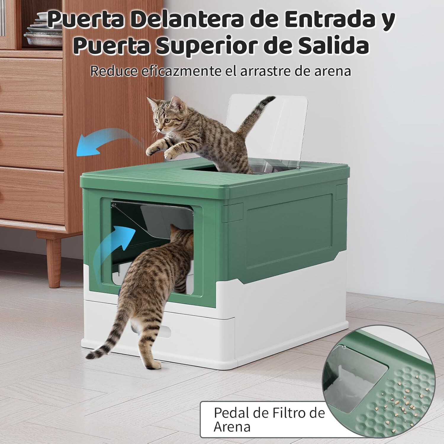 COSTWAY Arenero para Gatos Cubierto, Caja de Arena para Gatos Grande con Entrada Frontal y Salida Abatible, Bandeja Port&aacute;til, Caj&oacute;n, Arenero Cerrado Plegable para Gato, 50x38x37 cm (Verde + Blanco), , large Imagen numero 2