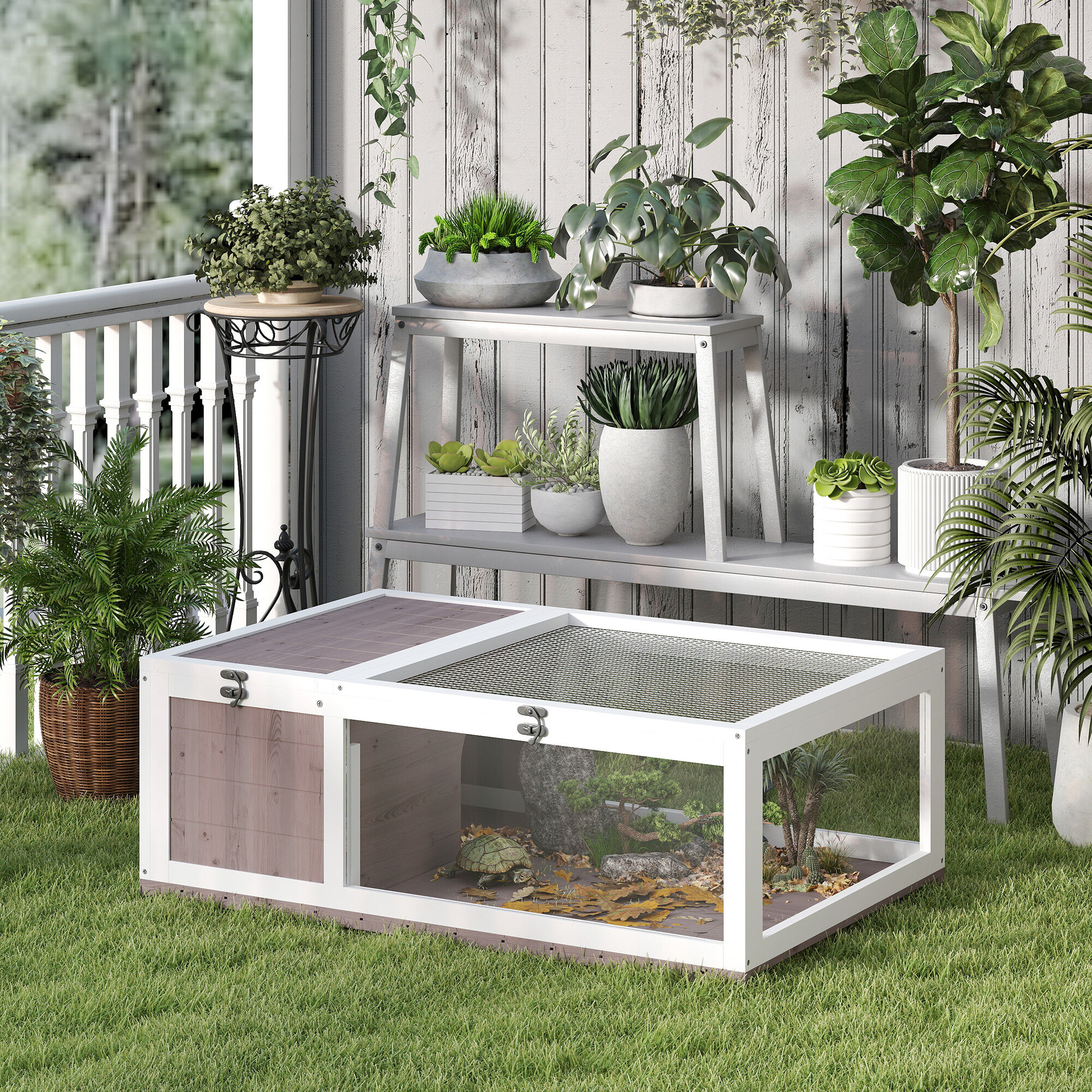 PawHut Casa para Tortugas de Madera, Terrario para Reptiles con Techo de Malla, Paneles Laterales Transparentes Extra&iacute;bles y Pestillo de Seguridad, Caseta para Tortugas, 91x60,5x32 cm, Marr&oacute;n Gris&aacute;ceo, , large Imagen numero 2