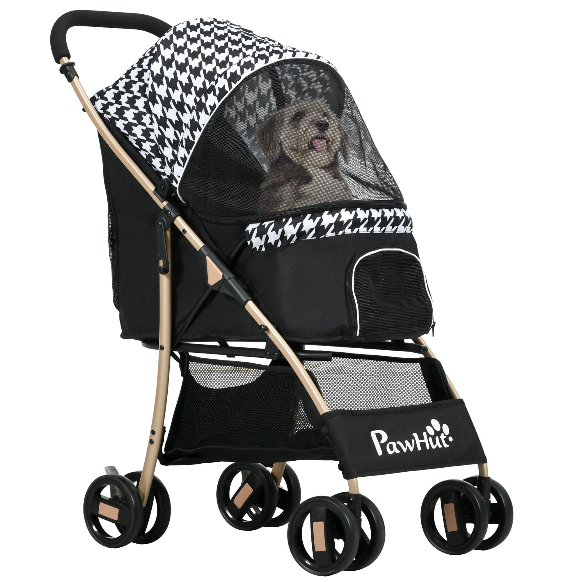 PawHut Cochecito para Perros Plegable Carrito para Mascotas con 2 Puertas Ventana de Malla Cesta de Almacenamiento Cuerda de Seguridad y Coj&iacute;n 80x44,5x97 cm Negro, , large Imagen numero 1