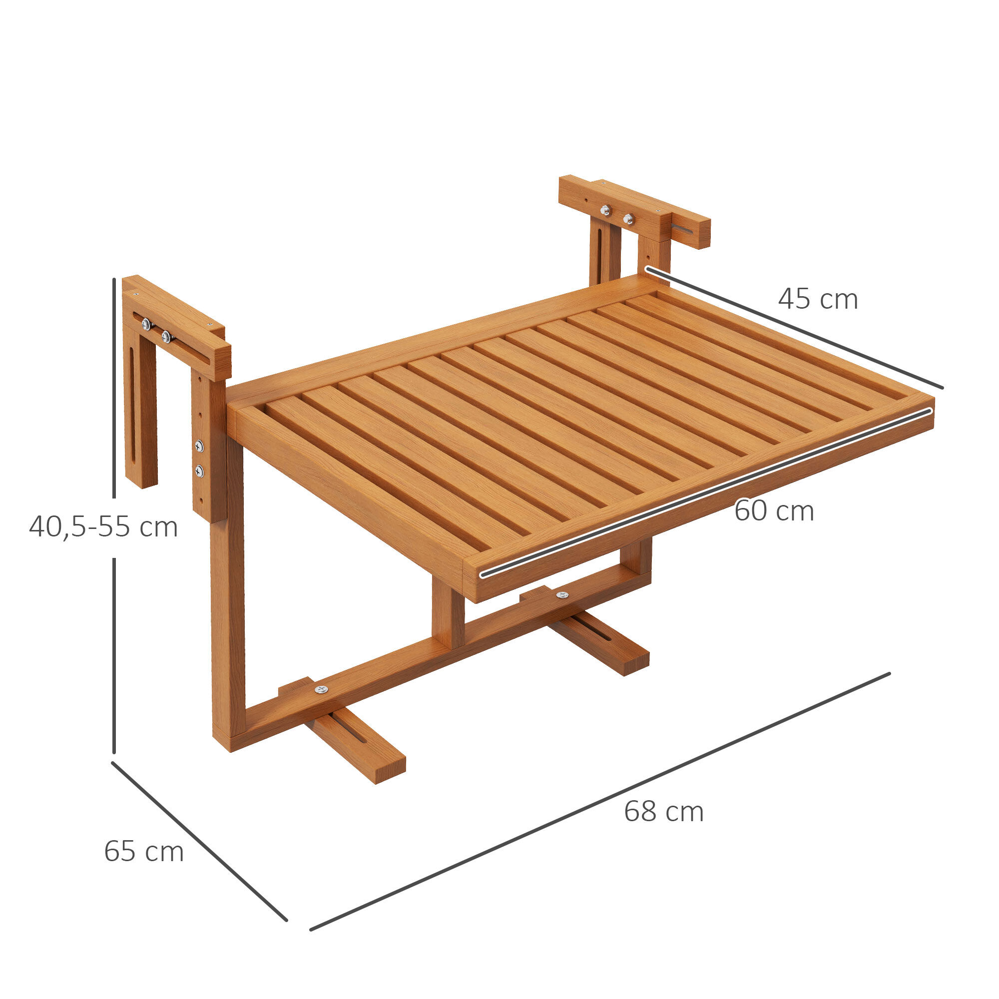 Outsunny Mesa Colgante de Balc&oacute;n Mesa para Balc&oacute;n Plegable de Madera con Altura Ajustable en 4 Niveles Carga 20 kg para Terraza 68x65x40,5-55 cm Madera Natural, , large Imagen numero 3