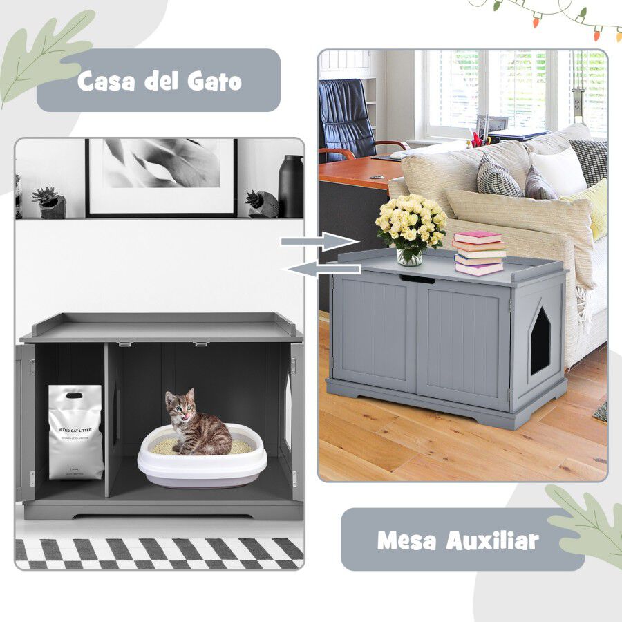 COSTWAY Casita para Gatos, Arenero para Gatos, Casita para Mascotas, Casa para Gatos, Recinto con Hoyo para Gatos, Caja para Animales con Estructura de Madera Resistente (Gris), , large Imagen numero 2