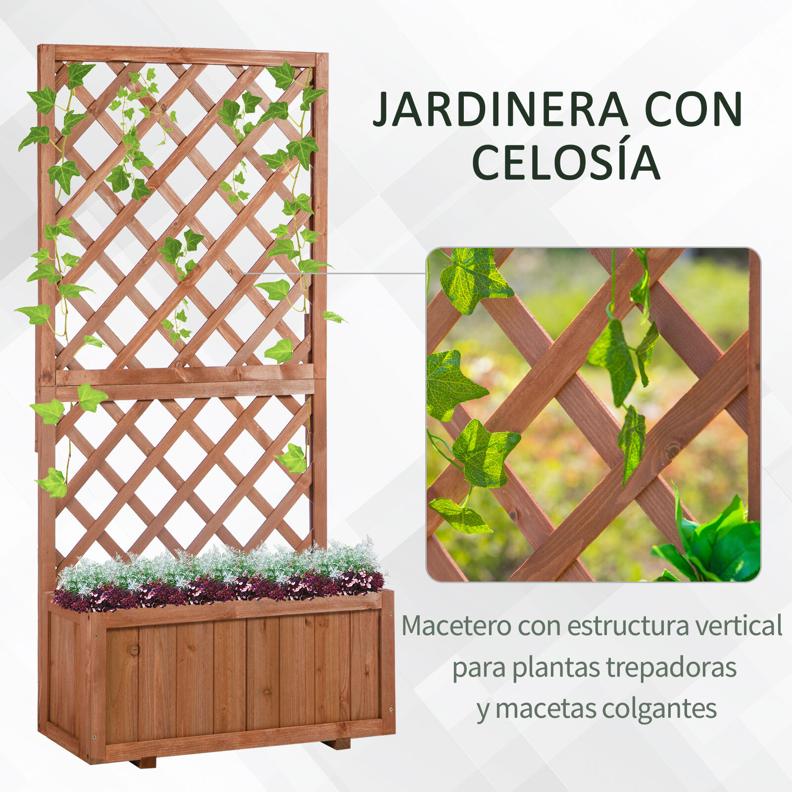 Outsunny Jardinera con Enrejado de Madera Maciza Macetero de Jard&iacute;n con Soporte para Trepadora para Cultivo de Plantas Flores 72,5x31,5x149,5 cm Natural, , large Imagen numero 4