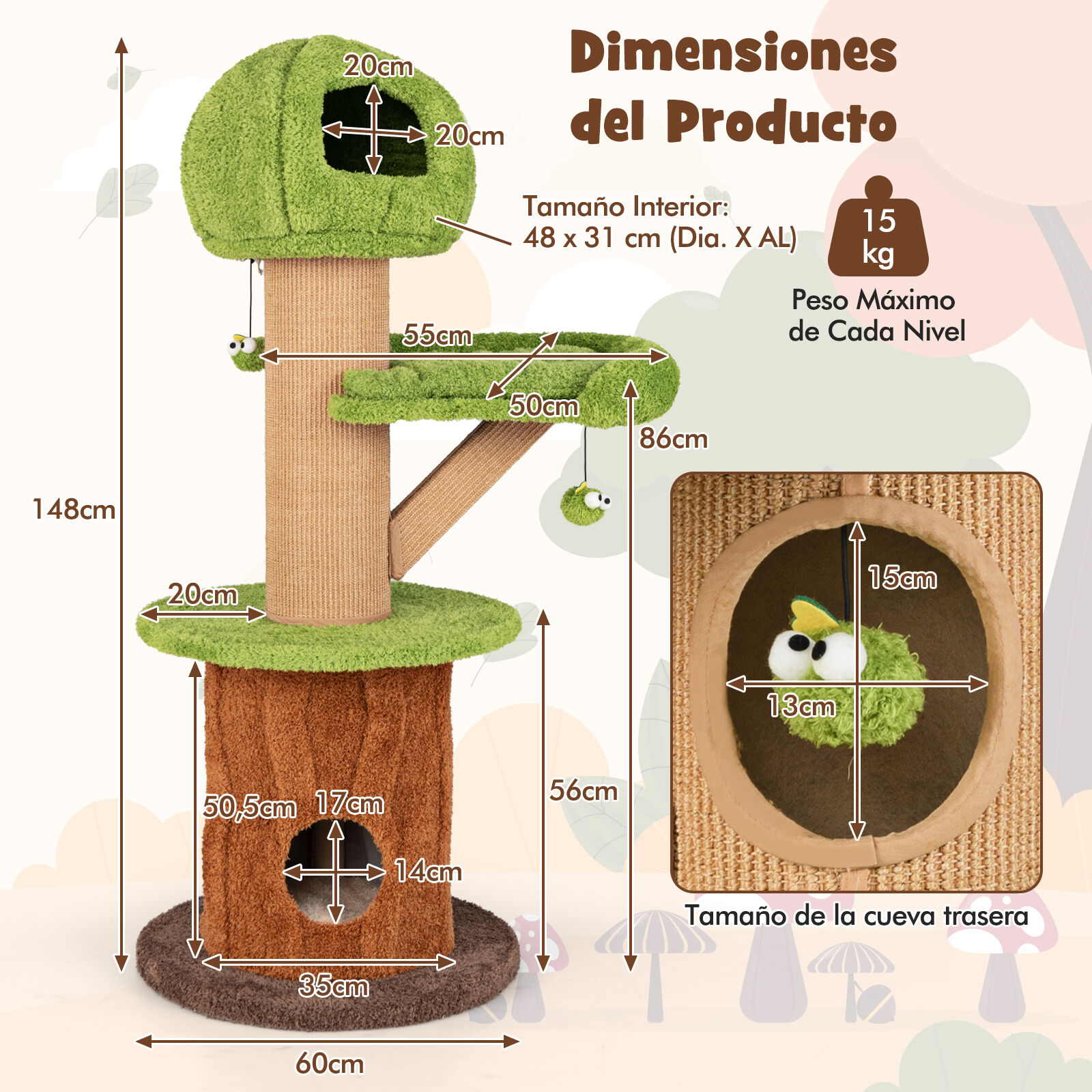 COSTWAY &Aacute;rbol para Gatos en Forma de Hongo para Interior, Torre de 148 CM con 2 Condos, Perchero de Cuero, Pelotas, Postes de Sisal, Cueva Oculta, Cojines Desmontables, Centro de Actividades para Gatitos, , large Imagen numero 4