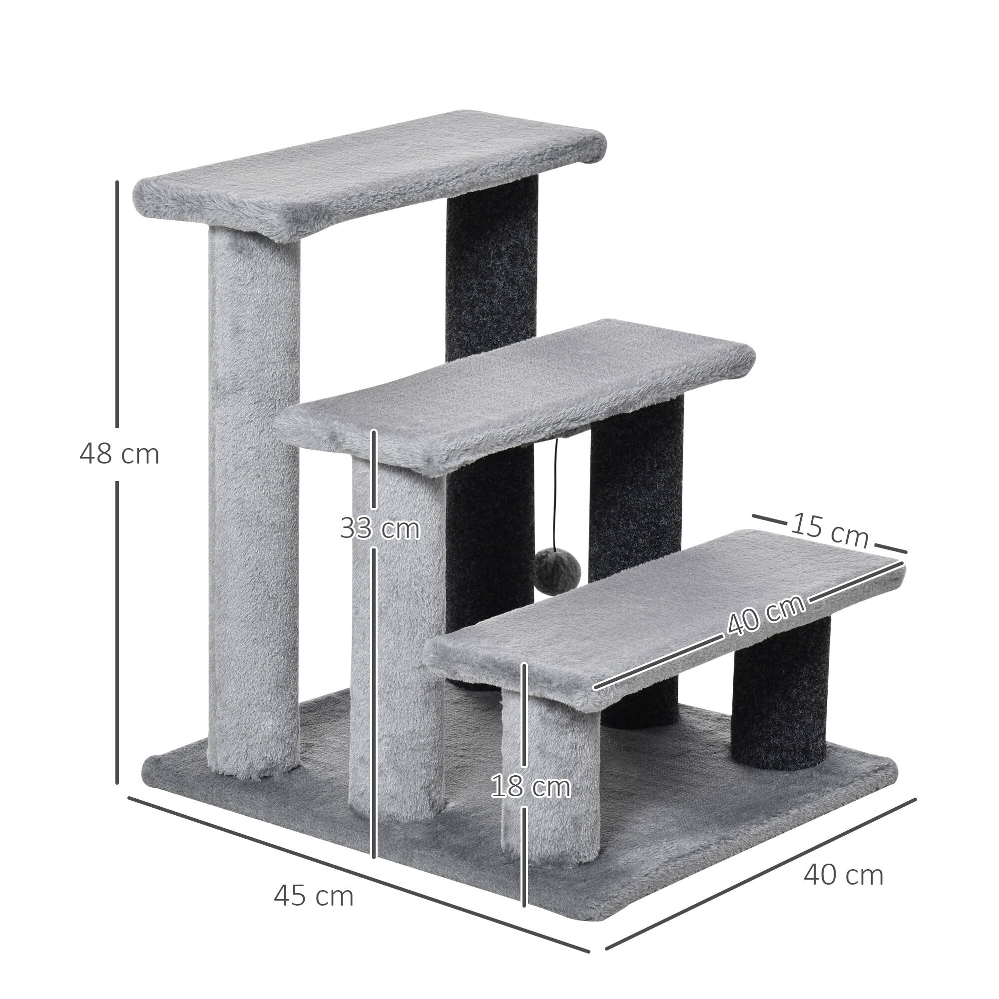 PawHut Escaleras para Gatos de 4 Escalones Escaleras para Mascotas &Aacute;rbol Rascador para Gatos Peque&ntilde;o con Poste Rascador Bola Colgante 60x40x64 cm Gris, , large Imagen numero 8