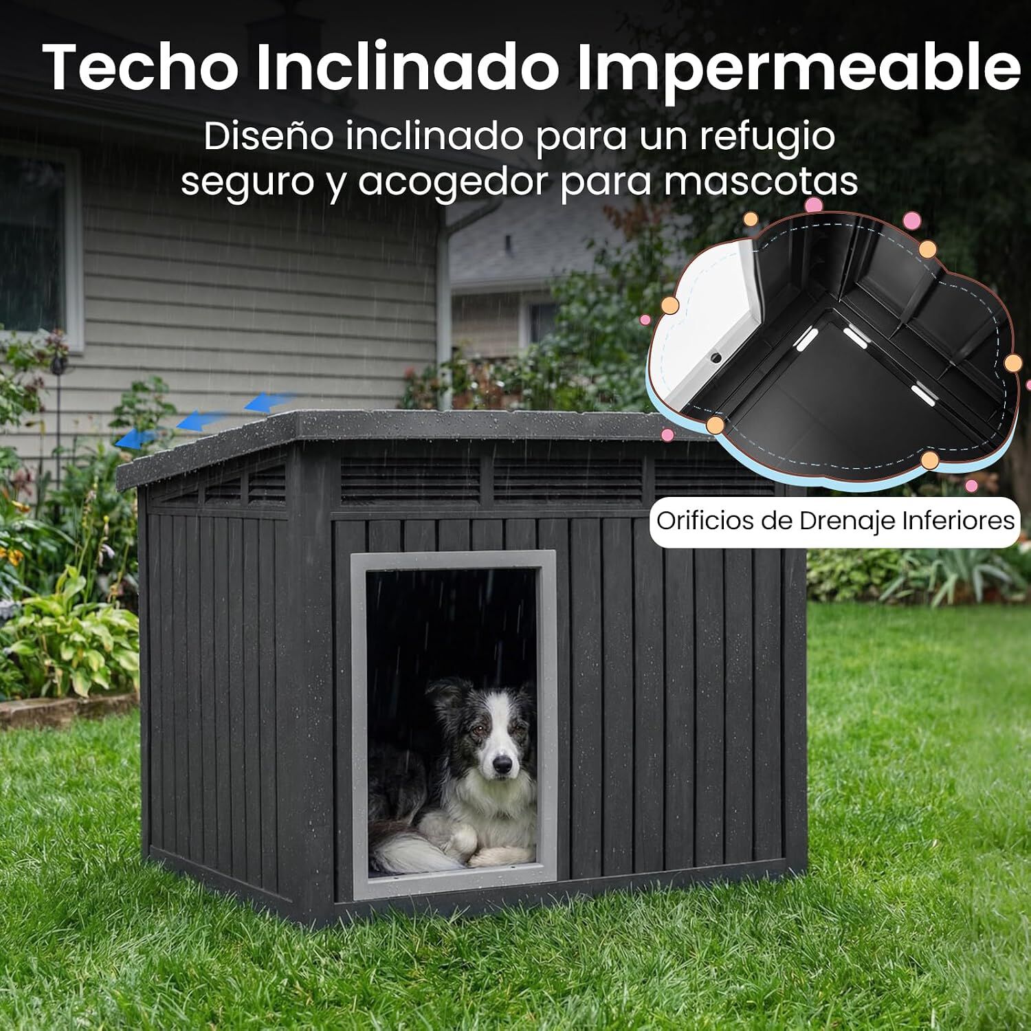 COSTWAY Caseta para Perros Exterior, Casa para Perros de Pl&aacute;stico con Puerta, Techo Inclinado Abatible, Rejillas de Ventilaci&oacute;n, Mueble Perrera para Mascotas, 81 x 64 x 61 cm, Negro, , large Imagen numero 4