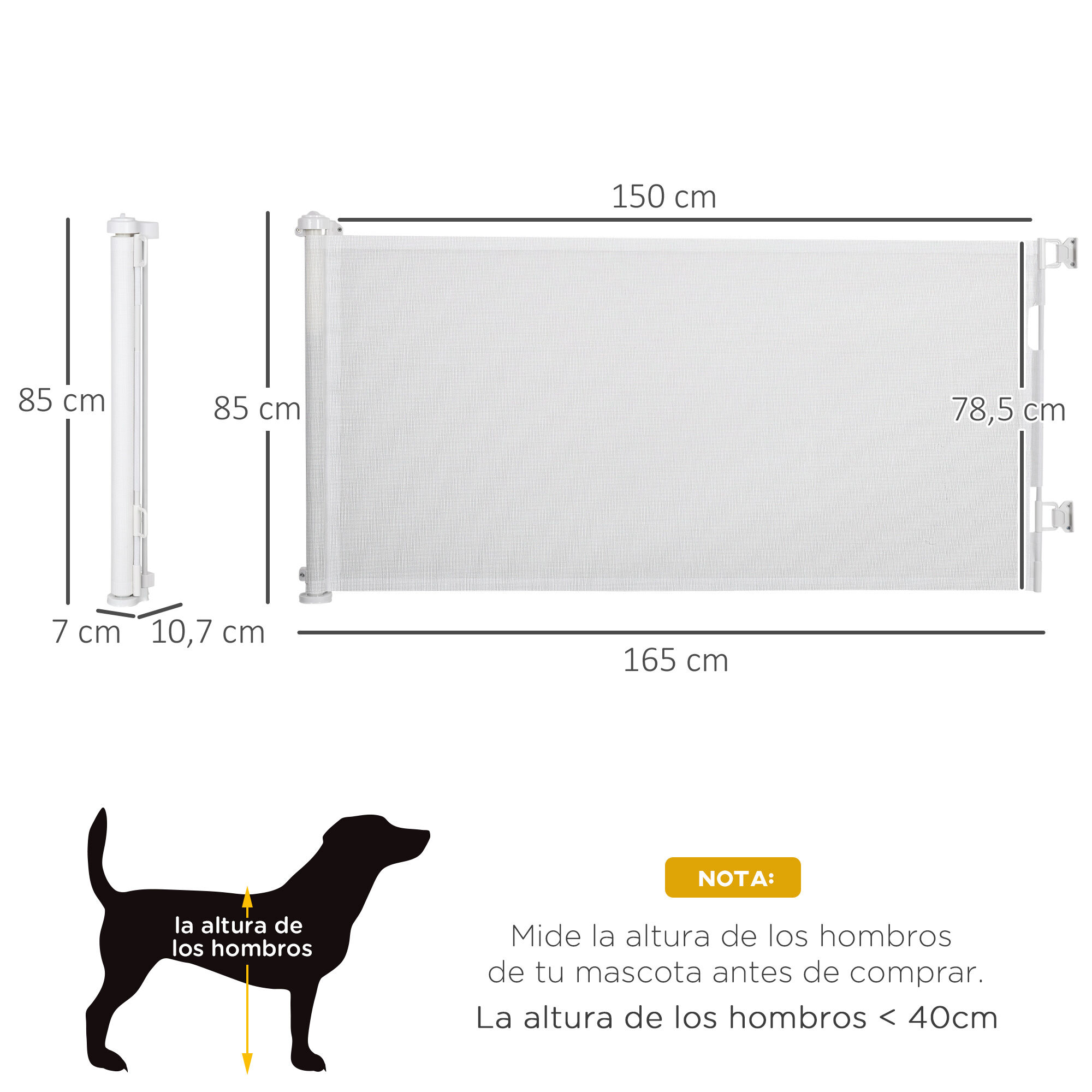PawHut Puerta de Seguridad para Perros y Gatos Extensible 0-150 cm Puerta Retr&aacute;ctil para Mascotas Barrera para Escaleras y Pasillos Aleaci&oacute;n de Aluminio 165x10,7x85 cm Blanco, , large Imagen numero 3