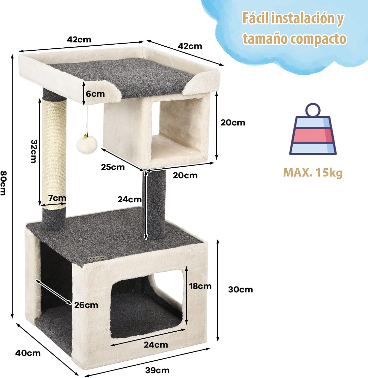 COSTWAY &Aacute;rbol para Gatos, Peque&ntilde;a Torre 80 cm para Gatos con Rascador y Pelota Afelpada, Centro Actividad Interno, , large Imagen numero 4