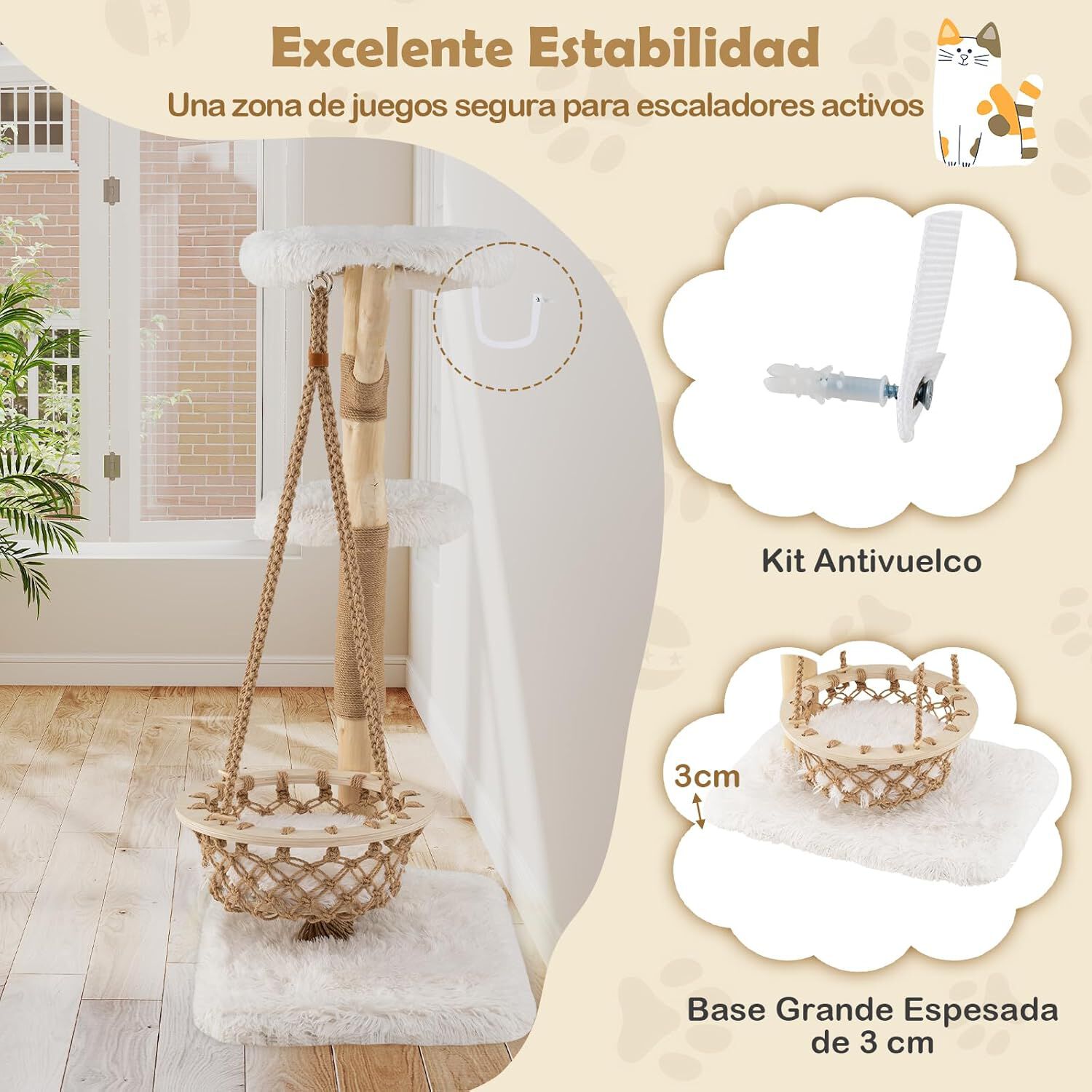 COSTWAY &Aacute;rbol para Gatos con Hamaca Colgante, Torre Multinivel con Postes de Madera de Pera y Rascadores de Yute, 2 Plataformas, Ideal para Gatos, Natural + Blanco, 70 x 50 x 123 cm, , large Imagen numero 4
