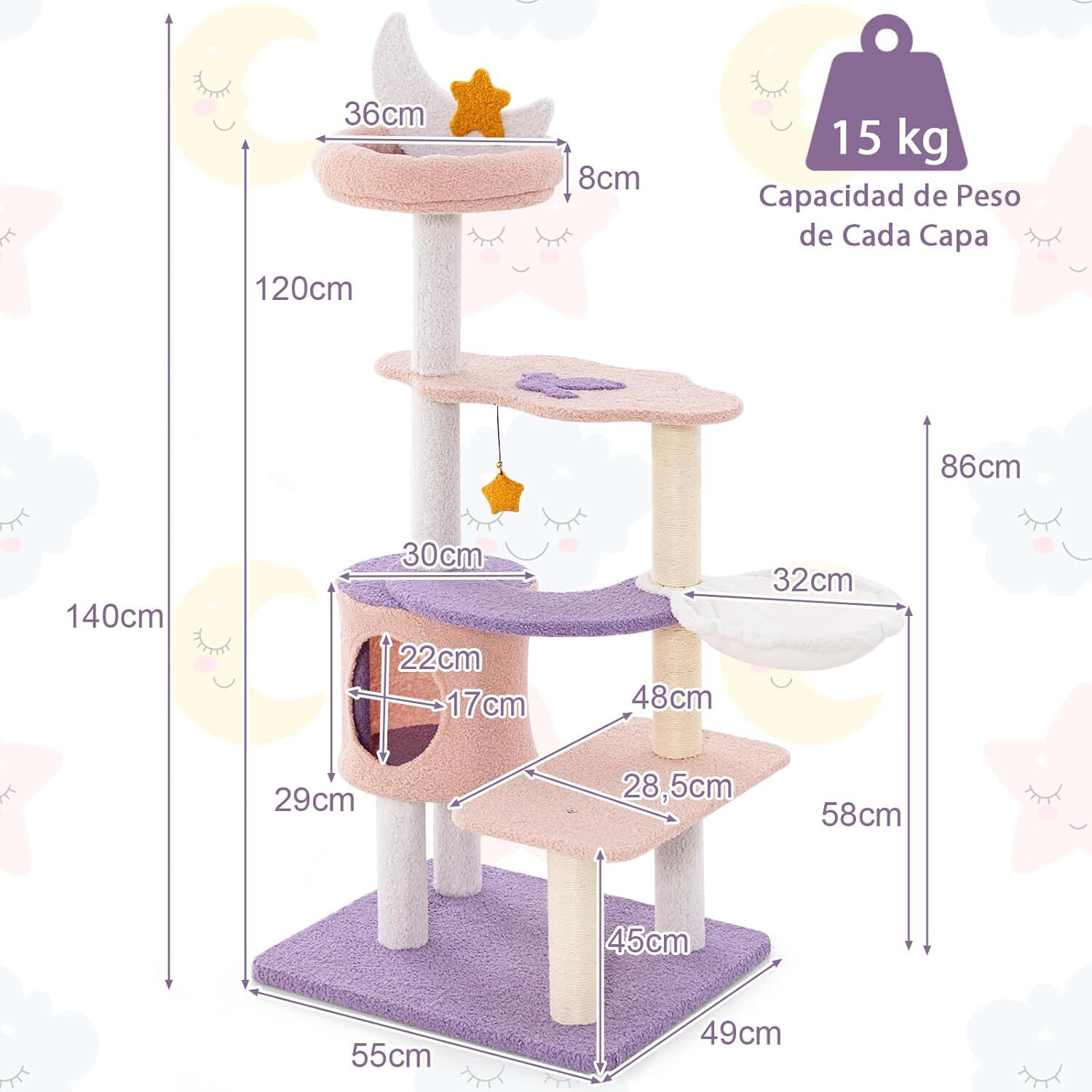 COSTWAY &Aacute;rbol para Gatos de 140cm, Rascador para Gatos con Postes Rascadores de Sisal, Condo Espacioso, Hamaca Giratoria, Zonas de Juego y Juguetes Colgantes, Centro de Actividades para Gatos, , large Imagen numero 2