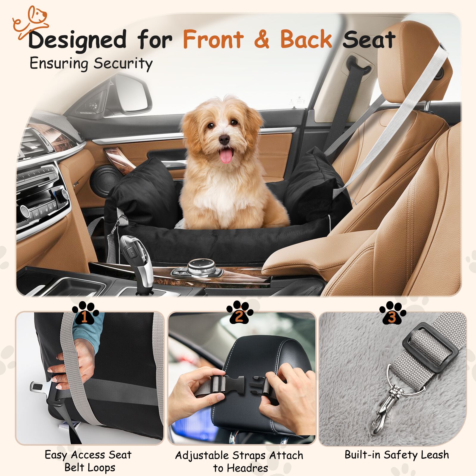 Nobleza Asiento de Coche negro con Bolsillos de Almacenamiento y Cojín Reversible para Perros Pequeños thumbnail