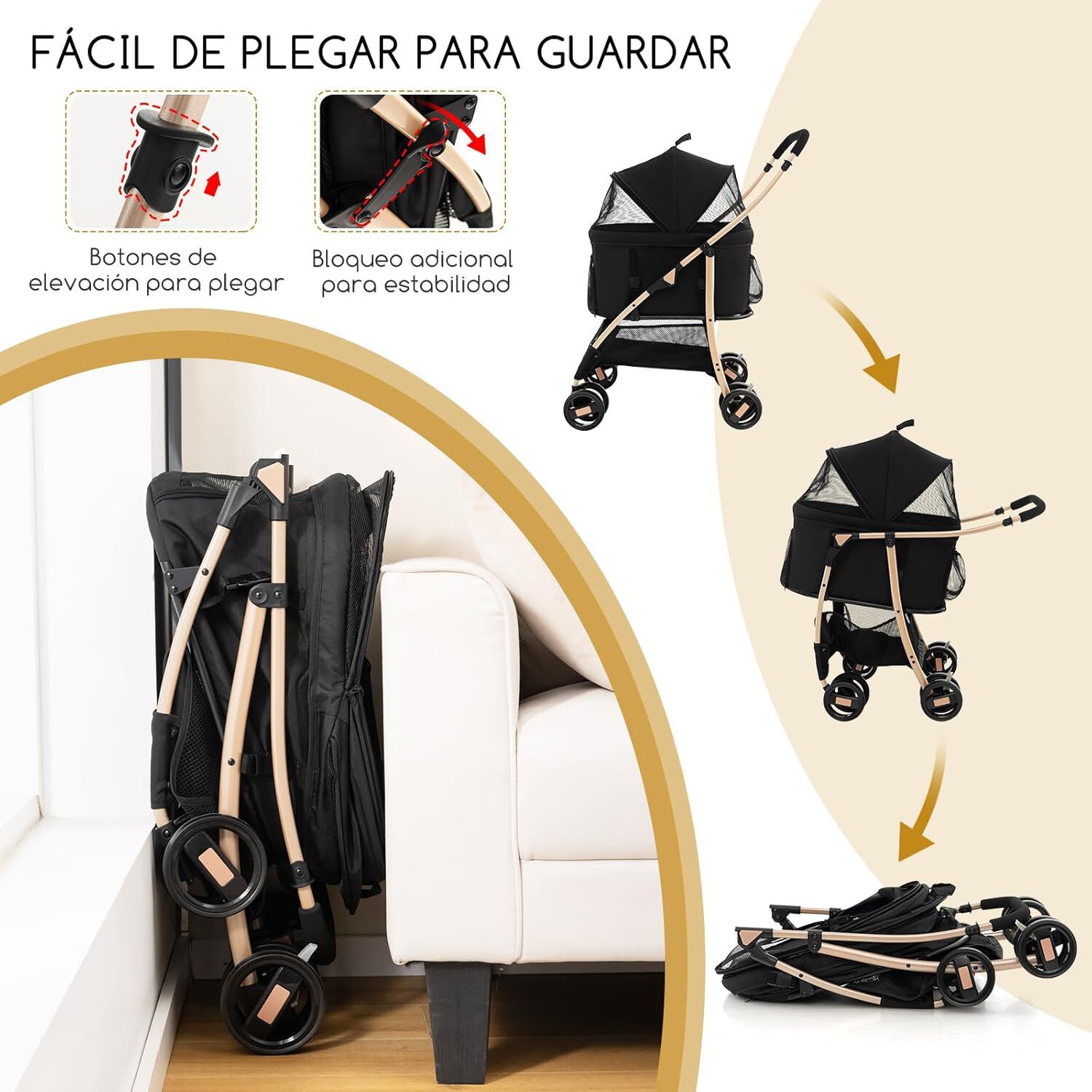 COSTWAY 3 en 1 Cochecito para Mascotas Plegable, Cochecito de Mascotas con Toldo Ajustable de 4 Niveles y Cesta de Almacenamiento, Carrito para Gatos con Porta Asiento de Coche Extra&iacute;ble (negro), , large Imagen numero 2