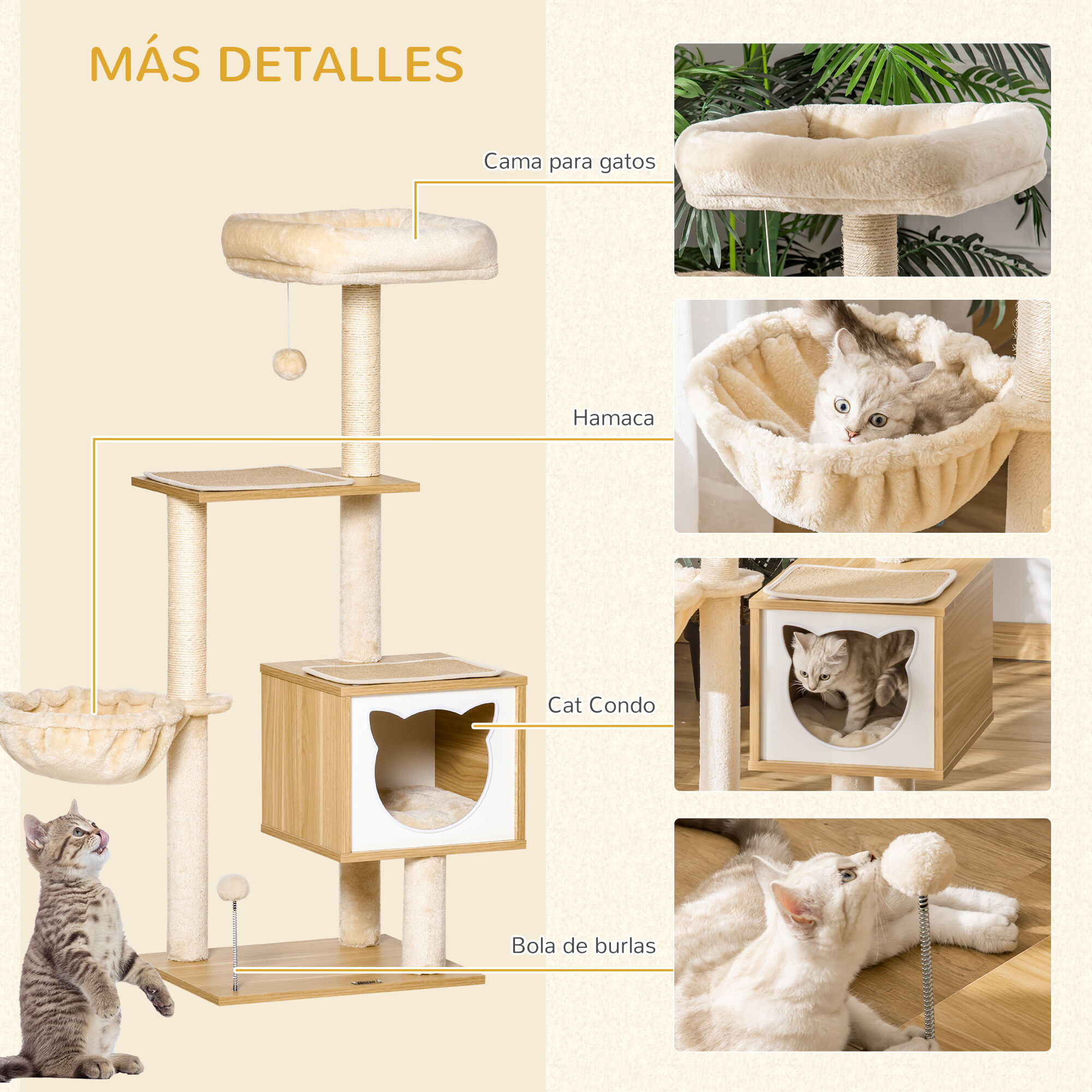 PawHut Árbol Rascador con Plataforma beige para gatos thumbnail