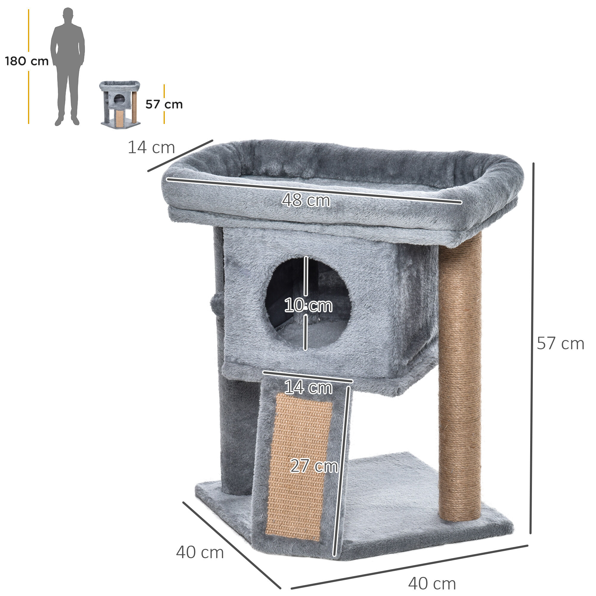 PawHut &Aacute;rbol Rascador para Gatos Peque&ntilde;os de 57 cm Torre para Gatos con Poste de Yute Rampa para Rascar Cama y Bola Colgante 40x40x57 cm Gris, , large Imagen numero 3