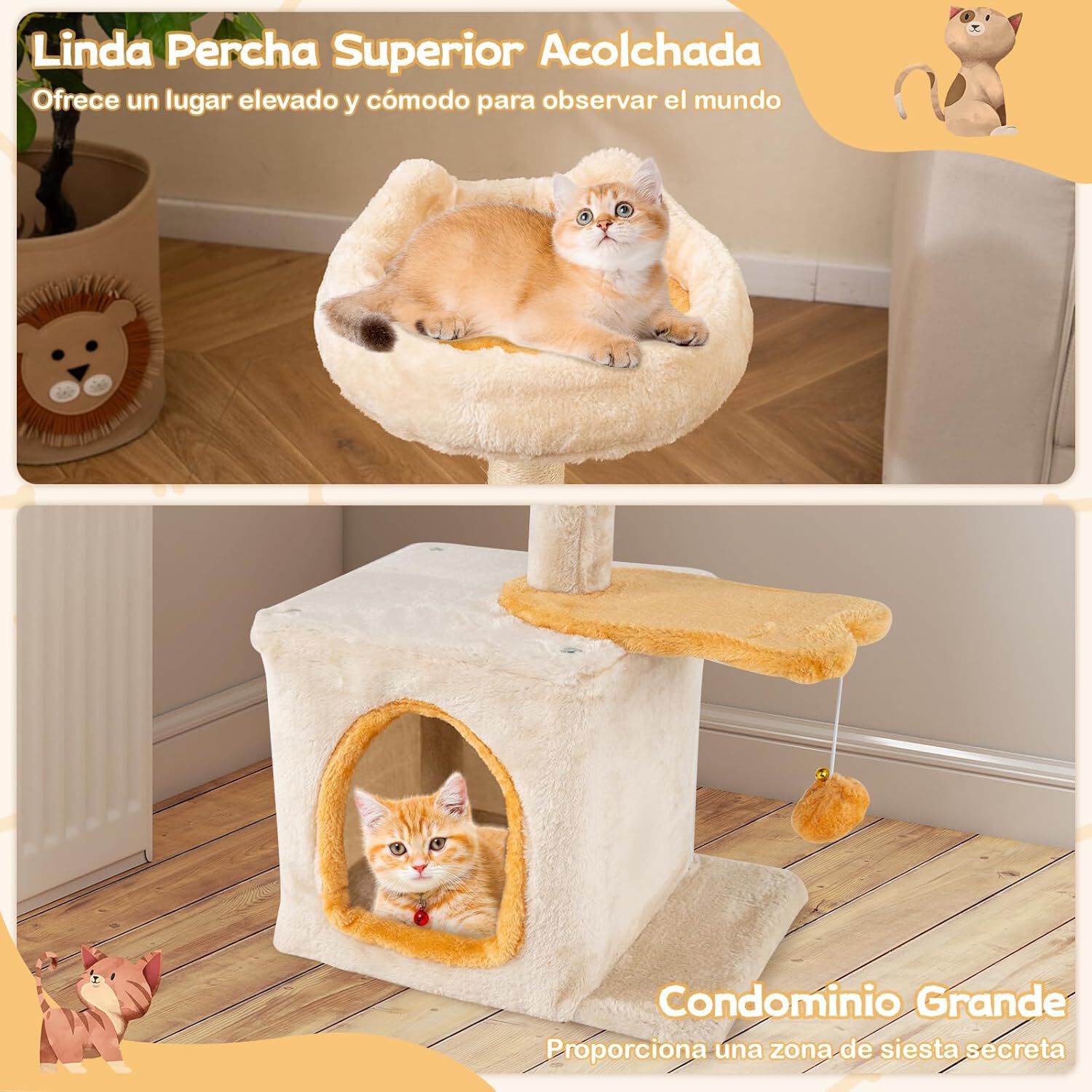 COSTWAY 61cm &Aacute;rbol Rascador para Gatos, Torre Rascador para Gatitos con Percha de Peluche, Condominio, Cama, Poste Rascado de Sisal, Bola Colgante, Casa para Gatos Interior, Ahorra Espacio, Amarillo, , large Imagen numero 3