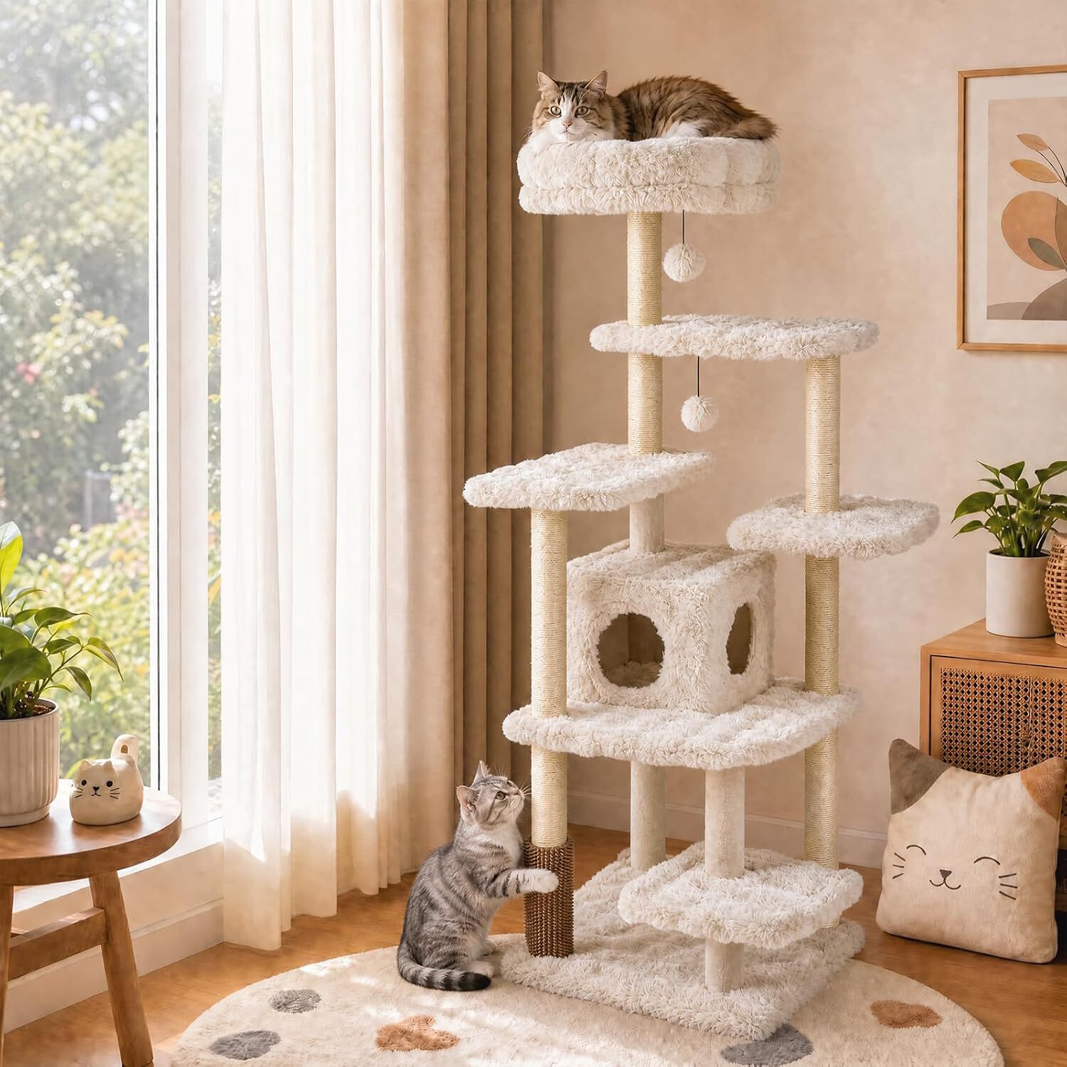 COSTWAY 170 cm &Aacute;rbol para Gatos de 7 Niveles con Casita, Torre de Juego para Gatos con 6 Plataformas, Cepillo, Postes de Sisal, Bolas Colgantes, Centro de Actividad para Mascotas, Beige, , large Imagen numero 2