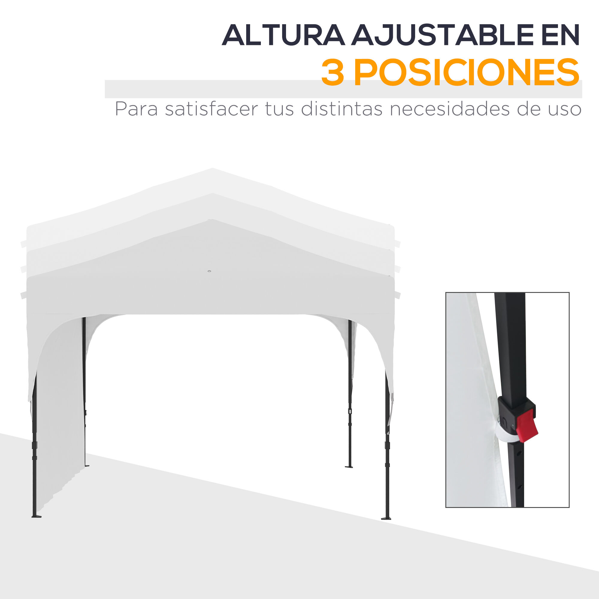 Outsunny Carpa Plegable 3x3 m Cenador de Jard&iacute;n con Altura Ajustable 1 Pared Lateral Impermeable 4 Bolsas de Arena y Bolsa de Transporte Gazebo para Exterior Patio Fiestas Blanco, , large Imagen numero 5