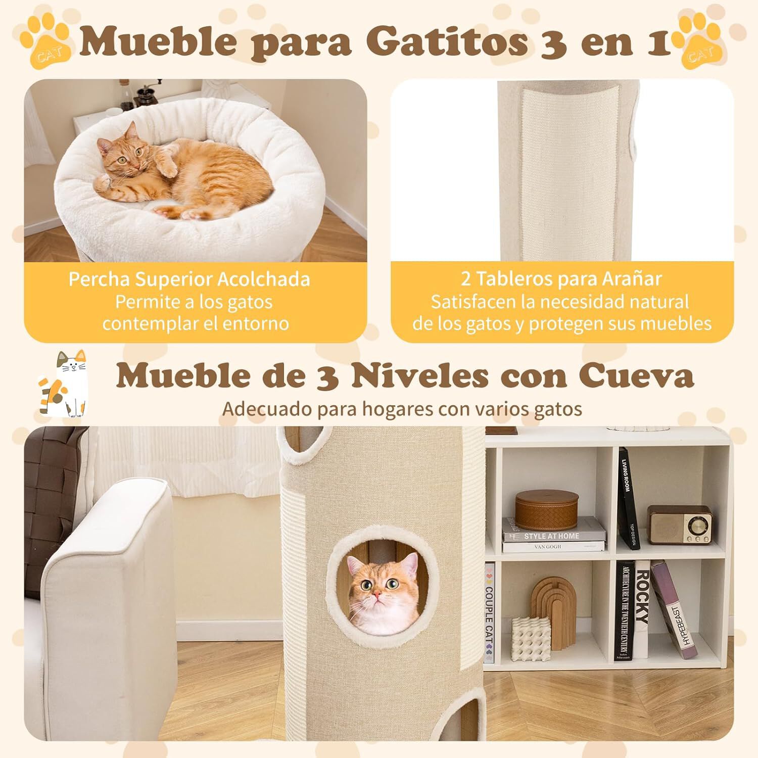 COSTWAY Barril Rascador de 4 Niveles para Gatos, Postes rascadores para Gatos con Cama de Percha Removible, Tablero Rascado de Sisal, &Aacute;rbol Rascador para Gato Interior, Cueva para Gatitos (De Sisal), , large Imagen numero 4
