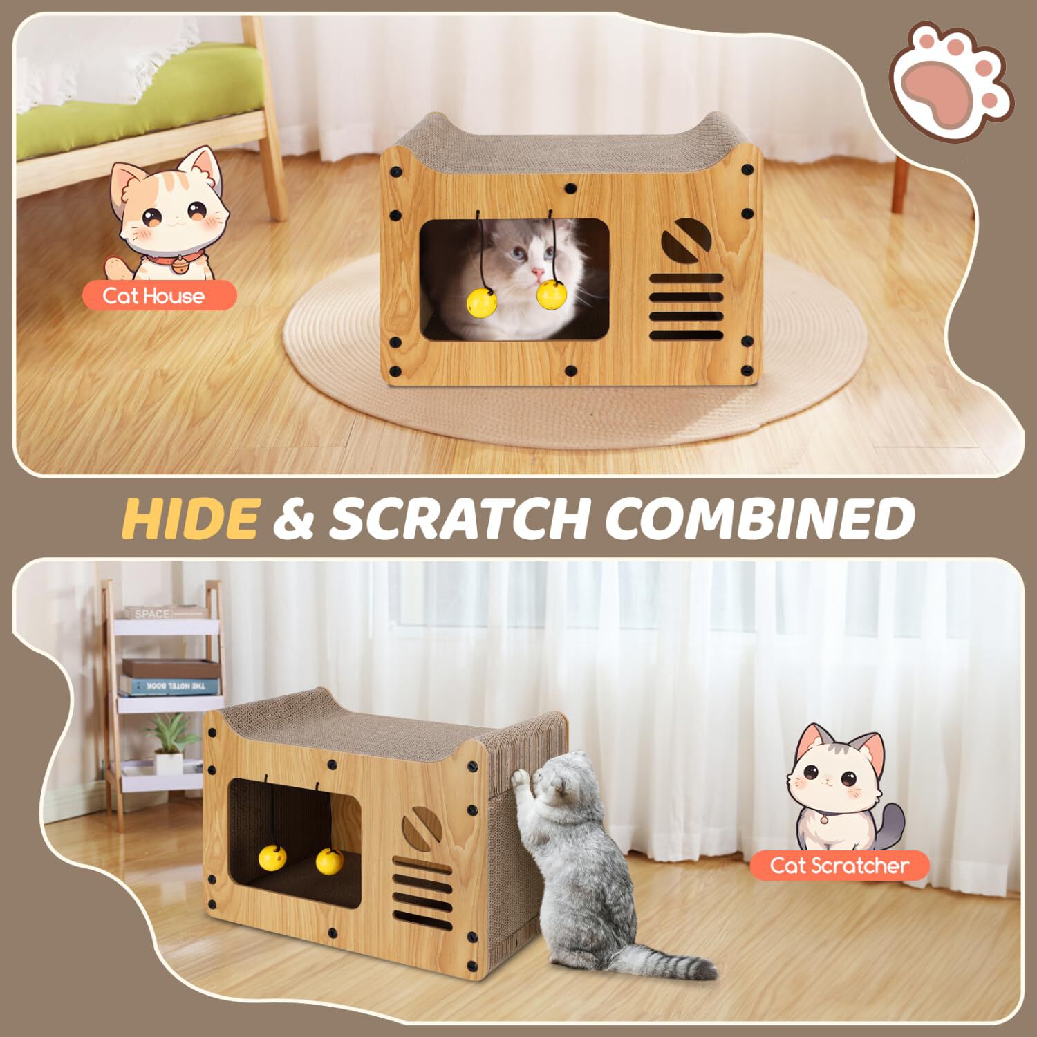 Nobleza Rascador de Cart&oacute;n para Gatos con Juguete de Bola y Catnip, Casa para Gatos Cart&oacute;n Grande, 47,5x25x32,5 cm, , large Imagen numero 5