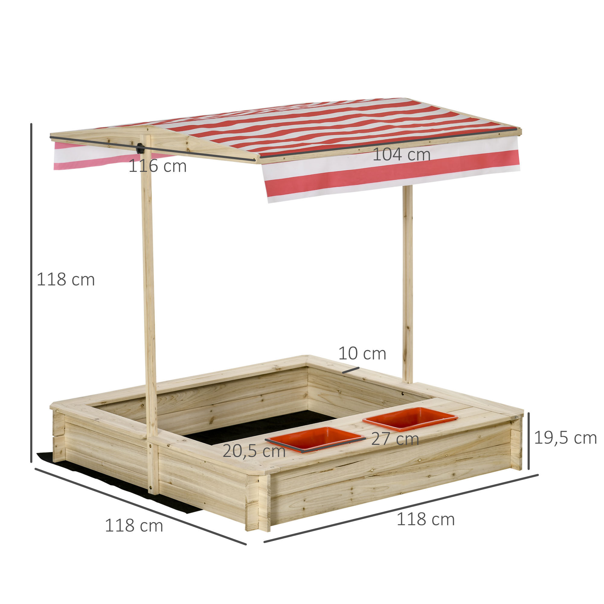 Outsunny Arenero Infantil de Madera con Techo Inclinable Ajustable en Altura y 2 Bandejas Auxiliares Caj&oacute;n de Arena de Jard&iacute;n para Ni&ntilde;os +3 A&ntilde;os 118x118x118 cm Natural y Rojo, , large Imagen numero 3