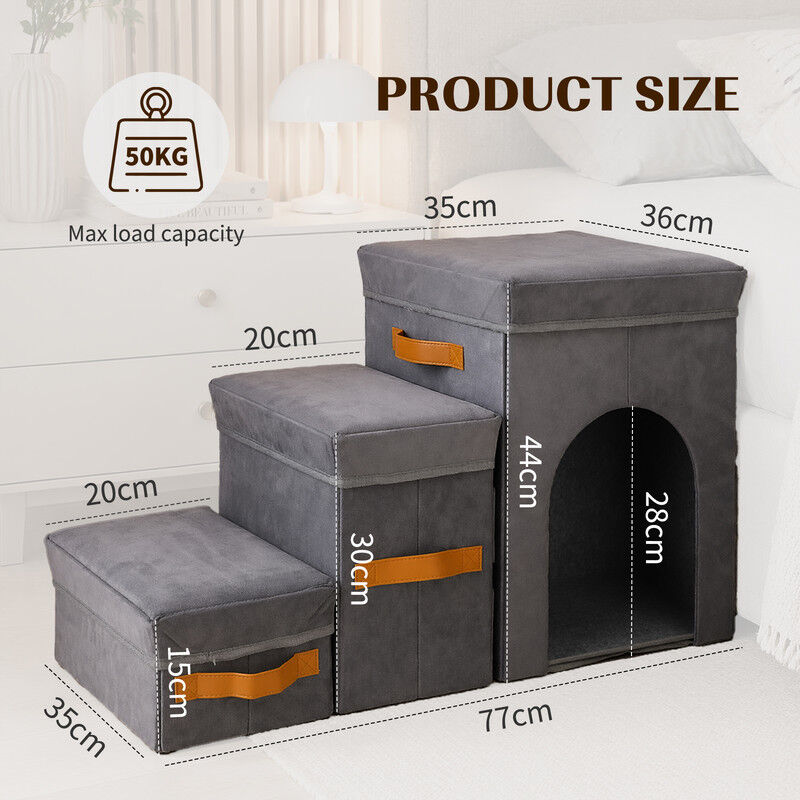Nobleza Escalera para Perros Peque&ntilde;os y Gatos de 3 Pelda&ntilde;os &ndash; Rampa Plegable y Desmontable con Almacenaje y Cueva de Descanso, Escalones Antideslizantes Soporta hasta 50 kg, 77 &times; 36 &times; 44 cm, Gris, , large Imagen numero 4