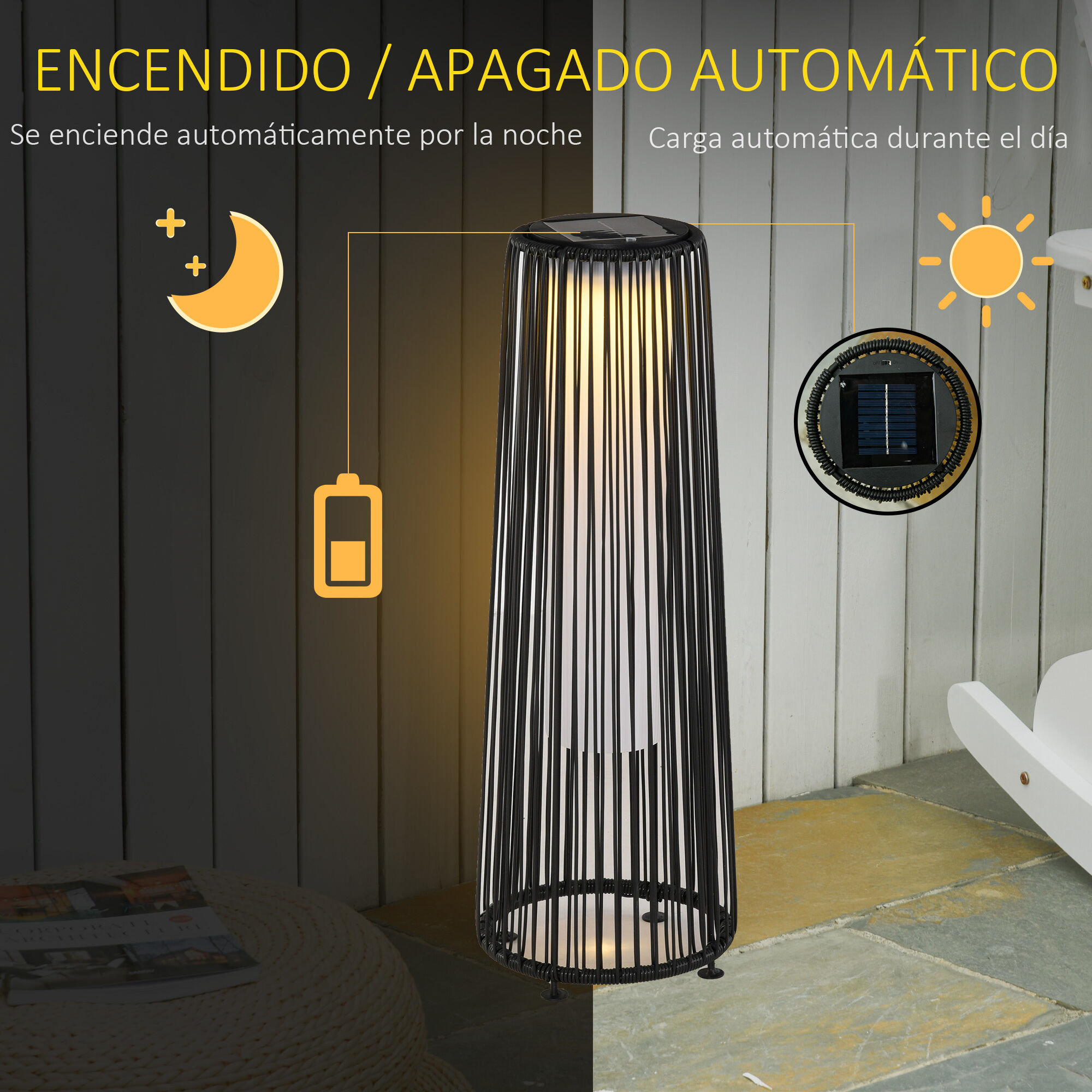 Outsunny L&aacute;mpara de Pie de Mimbre Rat&aacute;n de Energ&iacute;a Solar con LED 0,8 W Interruptor de Control de Luz Autom&aacute;tico Decoraci&oacute;n para Exterior &Oslash;21,5x61 cm Negro, , large Imagen numero 5