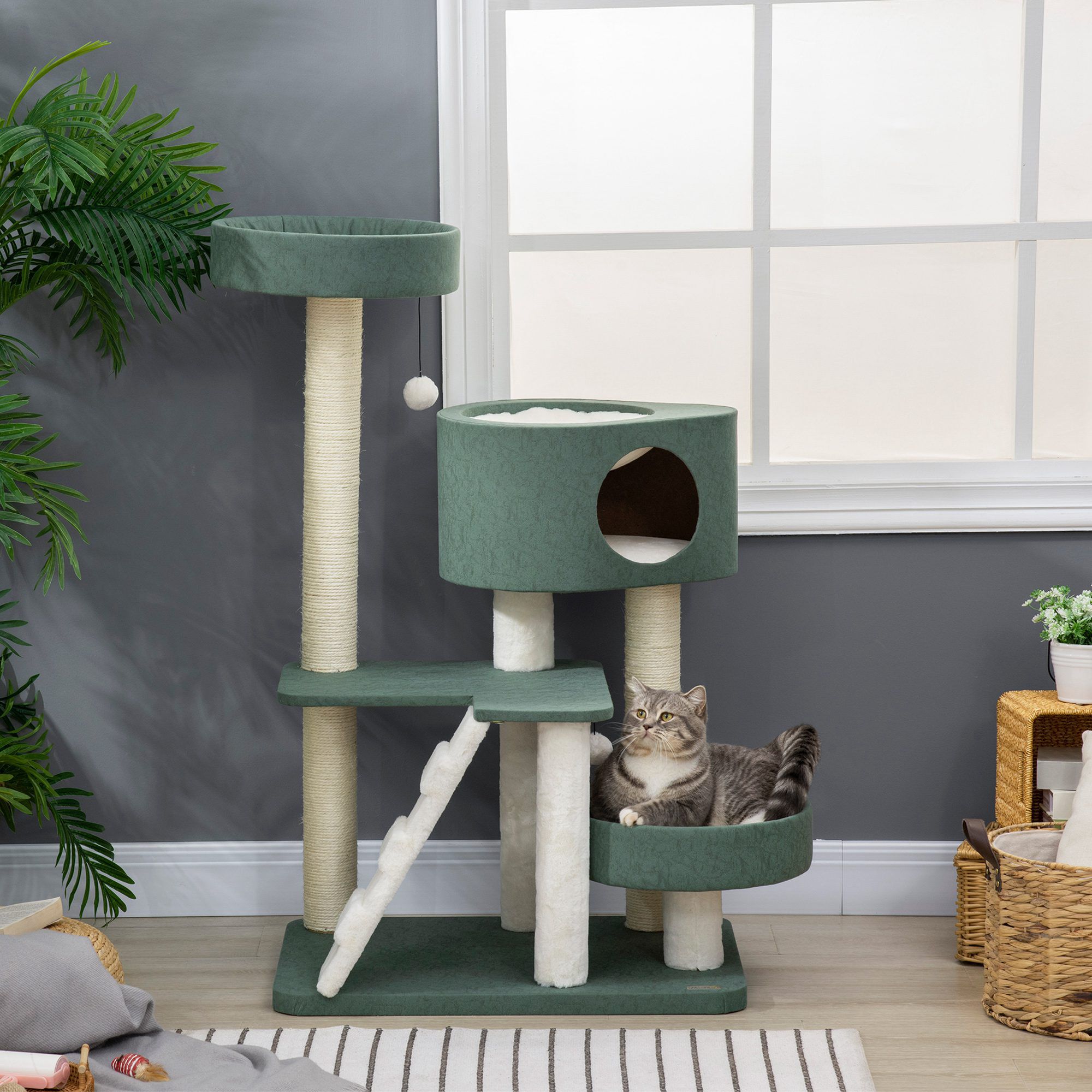 PawHut &Aacute;rbol Rascador para Gatos Altura 114 cm Torre para Gatos con 2 Camas Cueva Hamaca Plataforma Escalera Bolas Colgantes y Postes de Sisal 70x50x114 cm Verde, , large Imagen numero 2