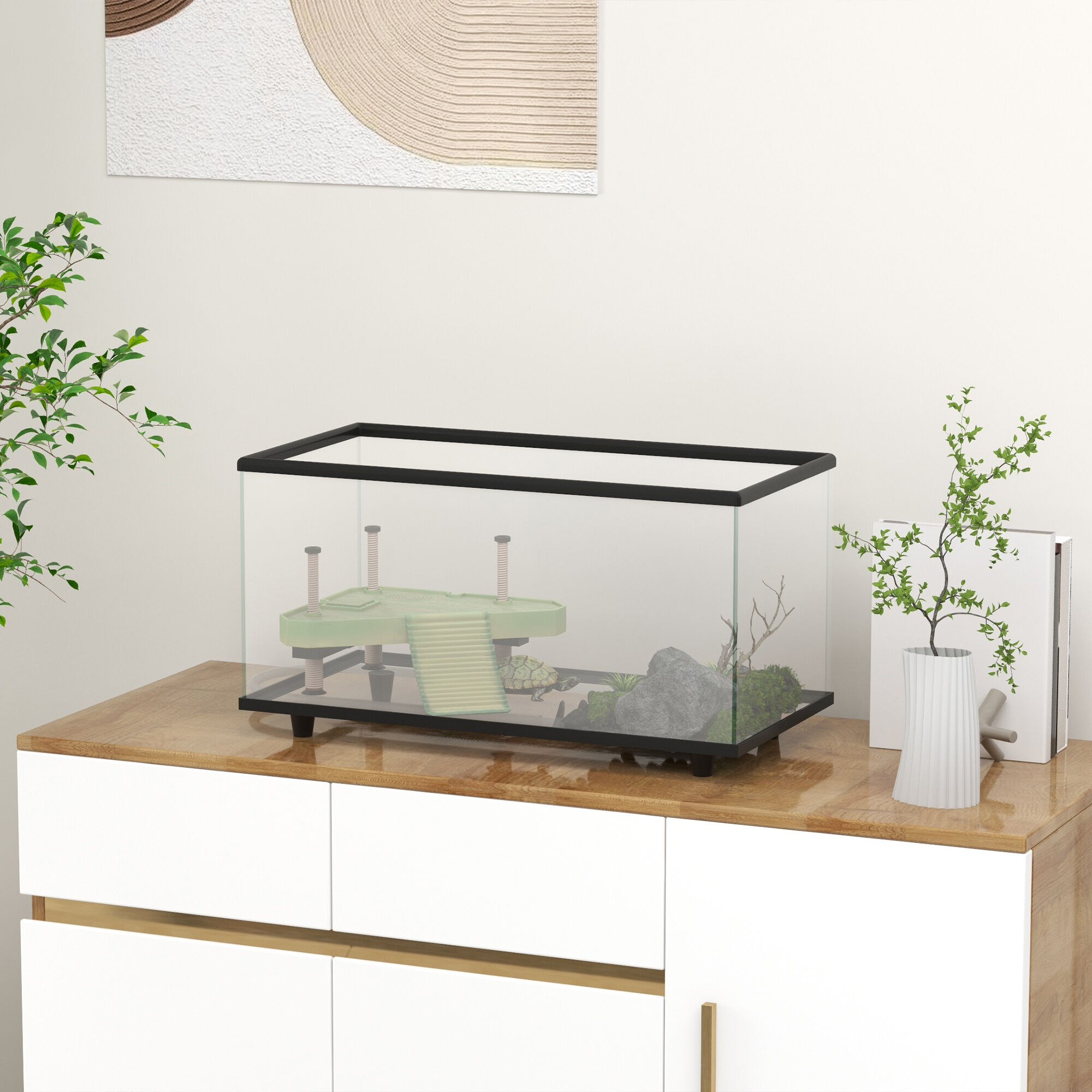 El acuario para tortugas PawHut de 50 L es un h&aacute;bitat espacioso dise&ntilde;ado para peque&ntilde;as tortugas de hasta 5 cm. Cuenta con una plataforma para tomar el sol y vidrio templado de 5 mm para una observaci&oacute;n clara., , large Imagen numero 2