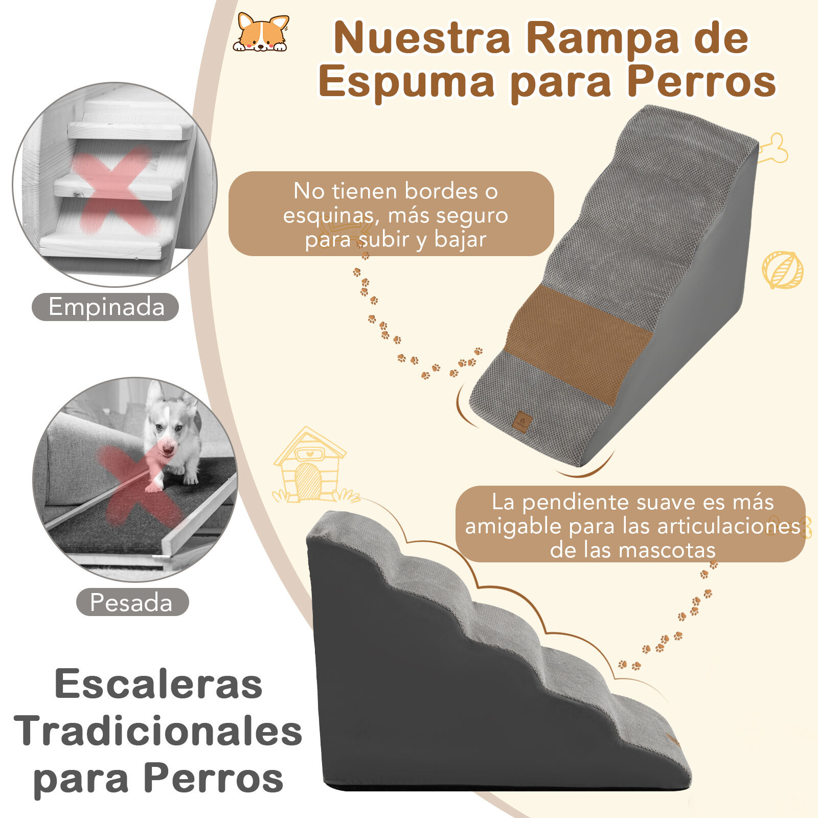 COSTWAY Rampa para Perro de Espuma, Escalera para Mascotas de 5 Niveles con Funda Lavable con Base Antideslizante (Gris), , large Imagen numero 4
