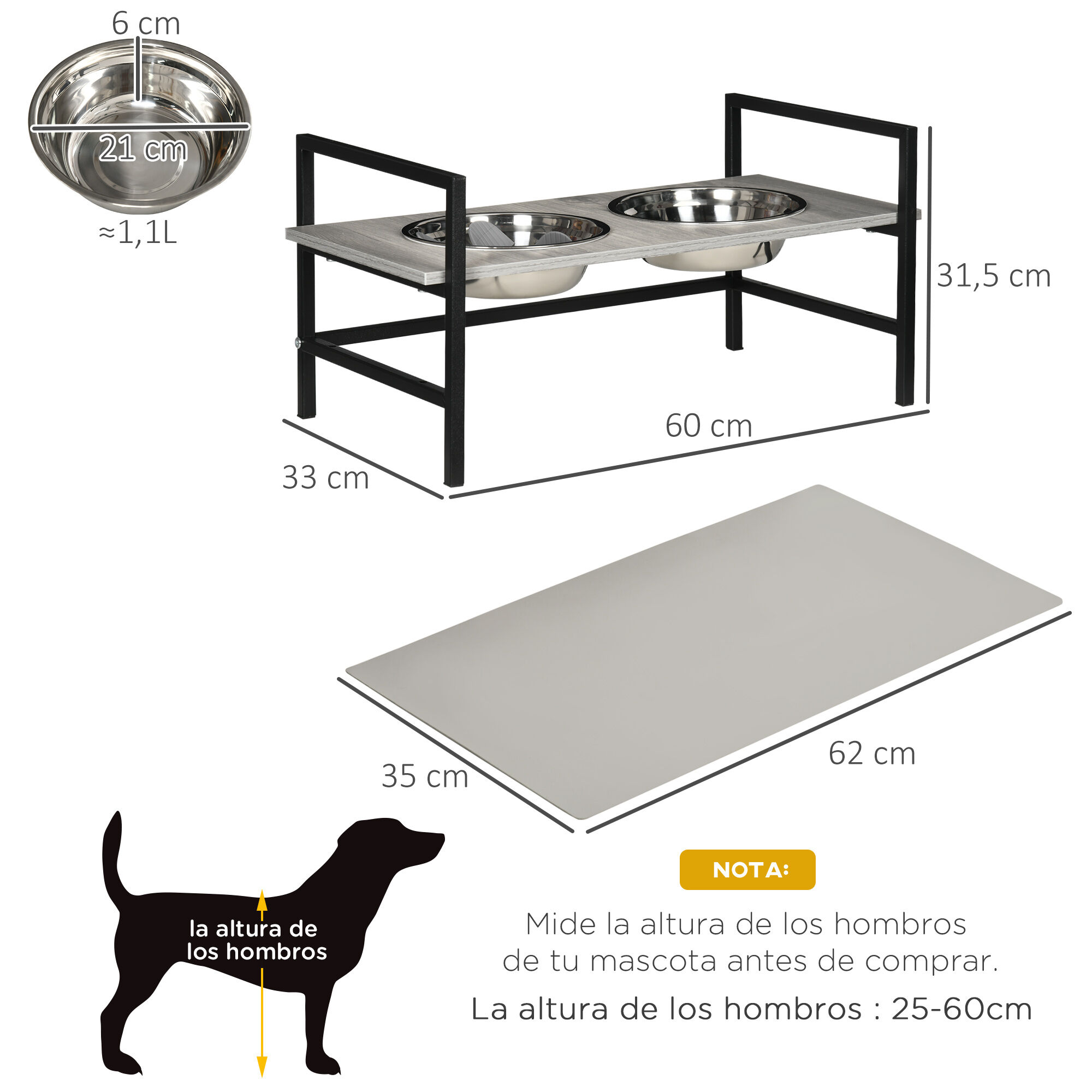 PawHut Comedero Elevado para Perros Altura Ajustable Cuencos para Perros con 2 Tazones 1100ml de Acero Inoxidable Tapete y Alimentador Lento 60x33x10-31,5 cm Gris, , large Imagen numero 3