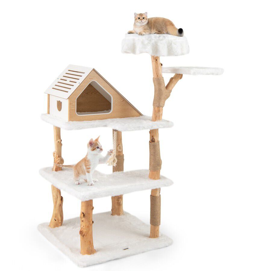 COSTWAY &Aacute;rbol para Gatos de Madera S&oacute;lida de 150 CM, Torre de Gato con 2 Percheros, Condominio, Postes de Jute, Cuerda de Sisal, Centro de Actividades de 5 Capas, Mueble de Escalada para Gatitos de Interior, , large Imagen numero 4