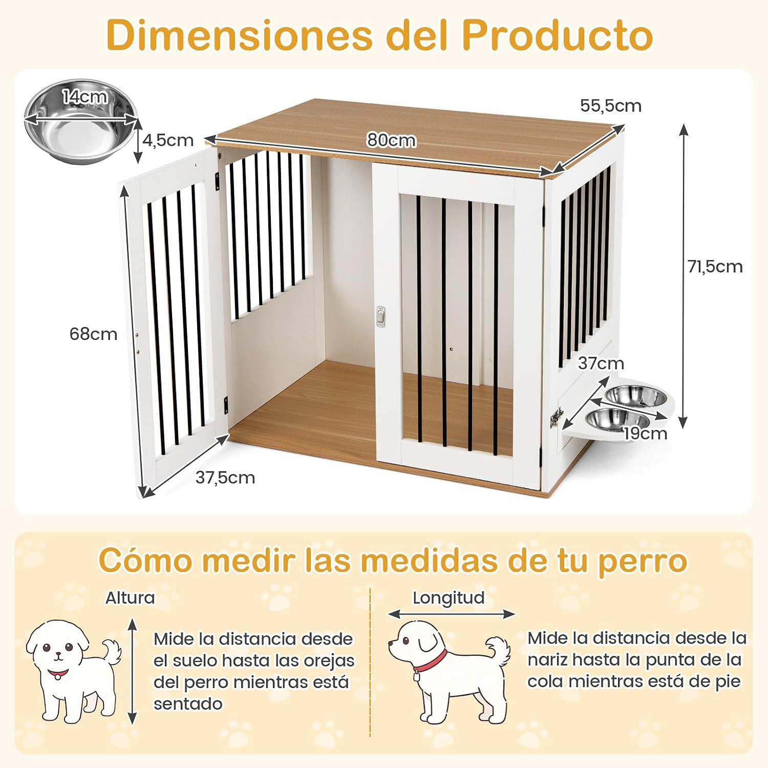 COSTWAY Jaula para Perros, Mueble de Jaula para Perros con Comedero Giratorio 360&deg;, Puertas de Doble Cerradura, Cuencos, Mesa Auxiliar Caseta para Mascotas Peque&ntilde;as y Medianas, 80 x 55,5 x 71,5 cm, , large Imagen numero 5