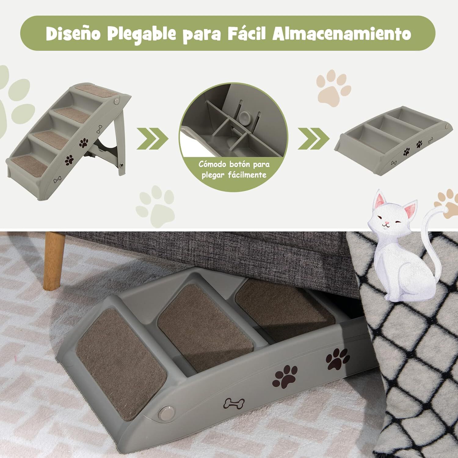 COSTWAY Escalera de Pl&aacute;stico Plegable para Mascotas, Escalera de Pl&aacute;stico con 4 Pelda&ntilde;os para Interior y Exterior, con Fieltro Blando, Ideal para Mascotas de Talla Peque&ntilde;a y Mediana (Gris), , large Imagen numero 3