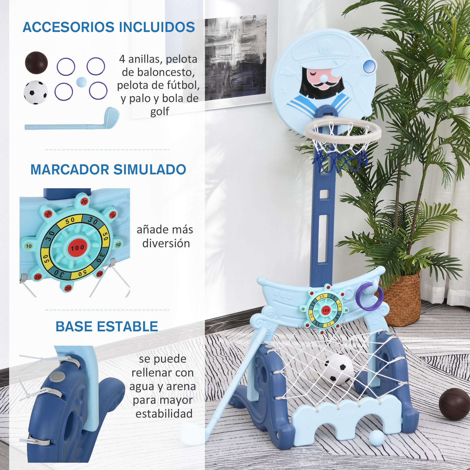 HOMCOM Set de deportes Azul con Soporte 4 en 1 para ni&ntilde;os, , large Imagen numero 4