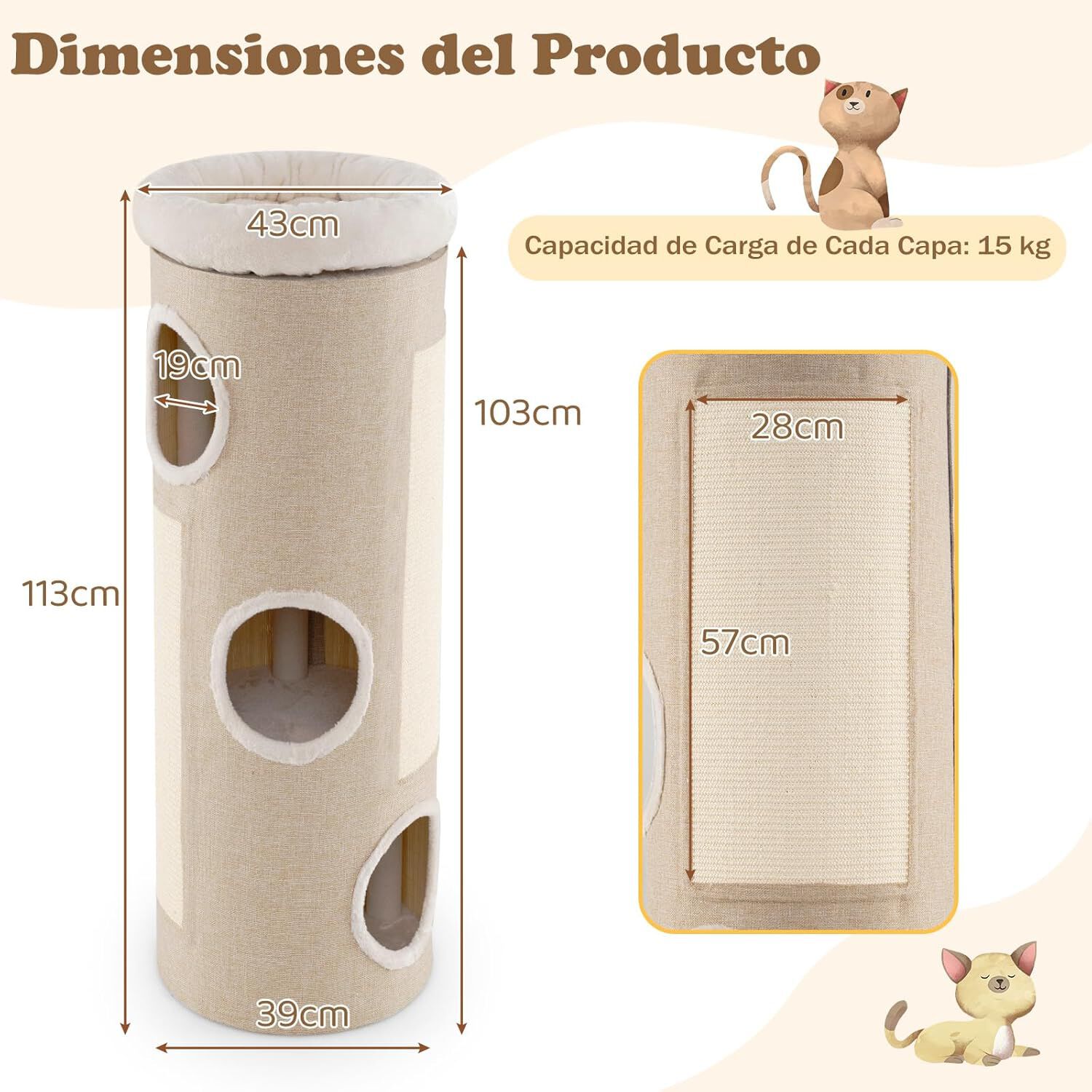 COSTWAY Barril Rascador de 4 Niveles para Gatos, Postes rascadores para Gatos con Cama de Percha Removible, Tablero Rascado de Sisal, &Aacute;rbol Rascador para Gato Interior, Cueva para Gatitos (De Sisal), , large Imagen numero 5