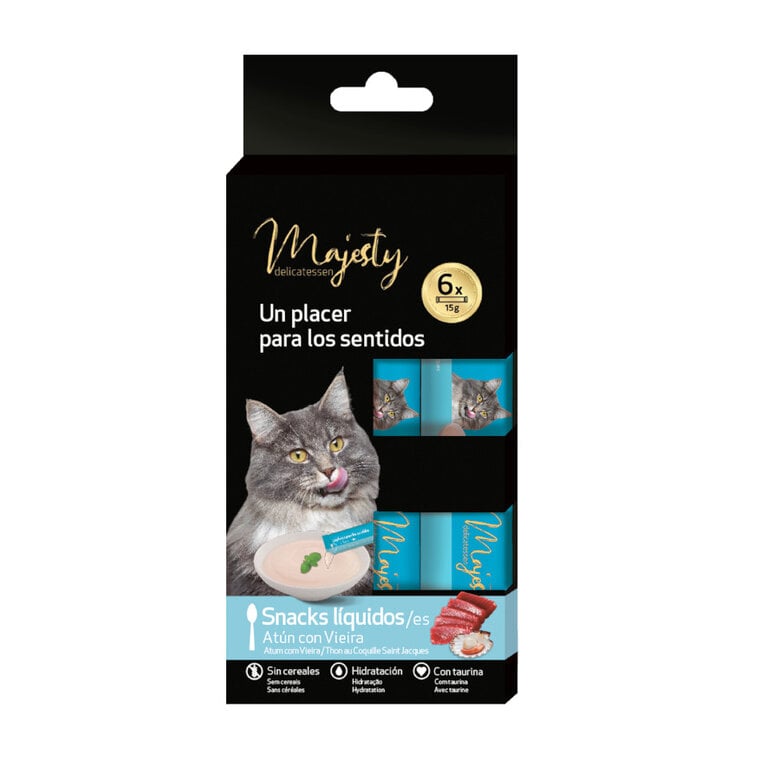 6 sobres x 15 g Majesty Atún con Vieira snack líquido para gatos