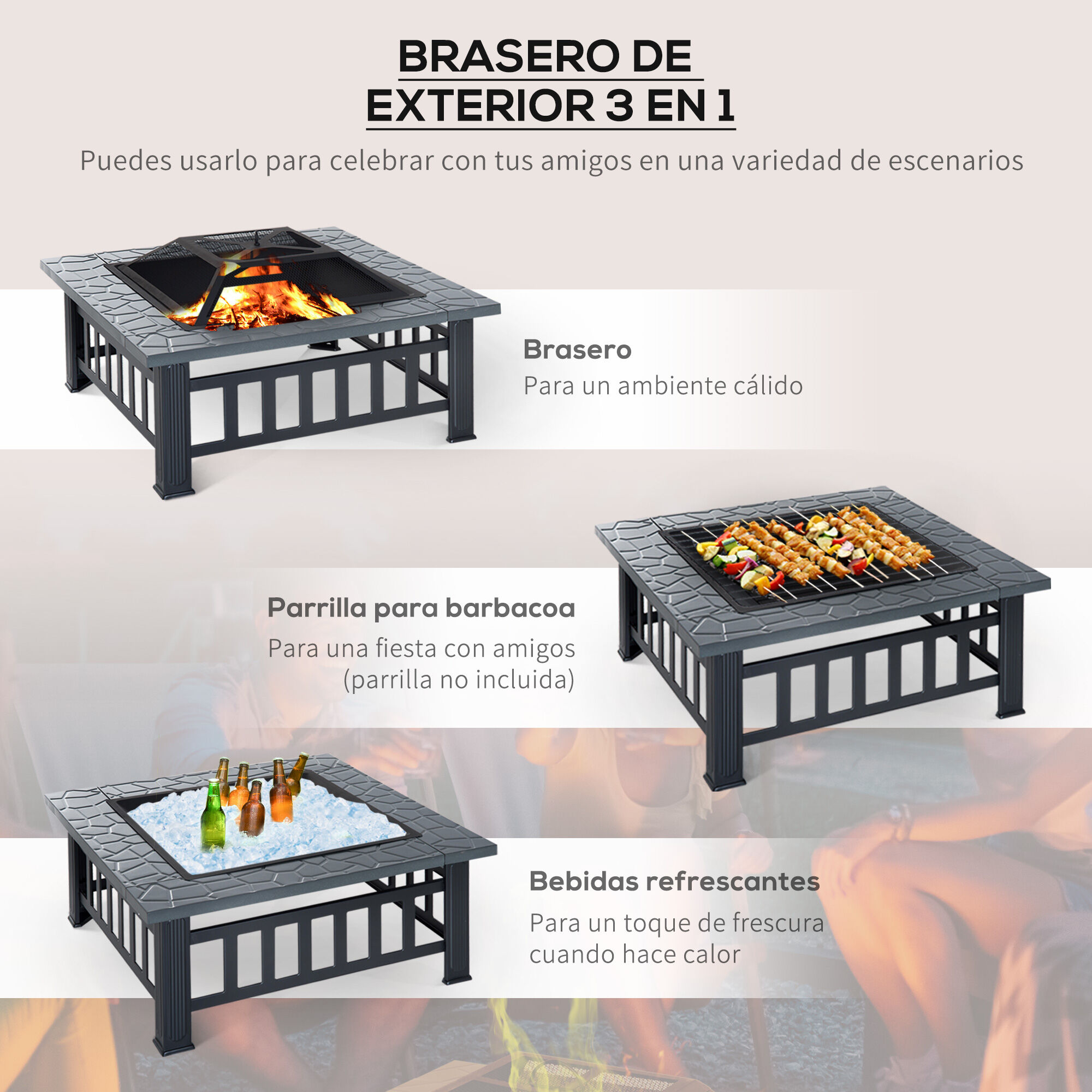 Outsunny Brasero Exterior de Metal Hoguera Multifuncional tipo Calentador 3 en 1 como Pozo de fuego/BBQ/Cubo de Hielo para Terraza Patio y Jard&iacute;n 86x86x54 cm, , large Imagen numero 4