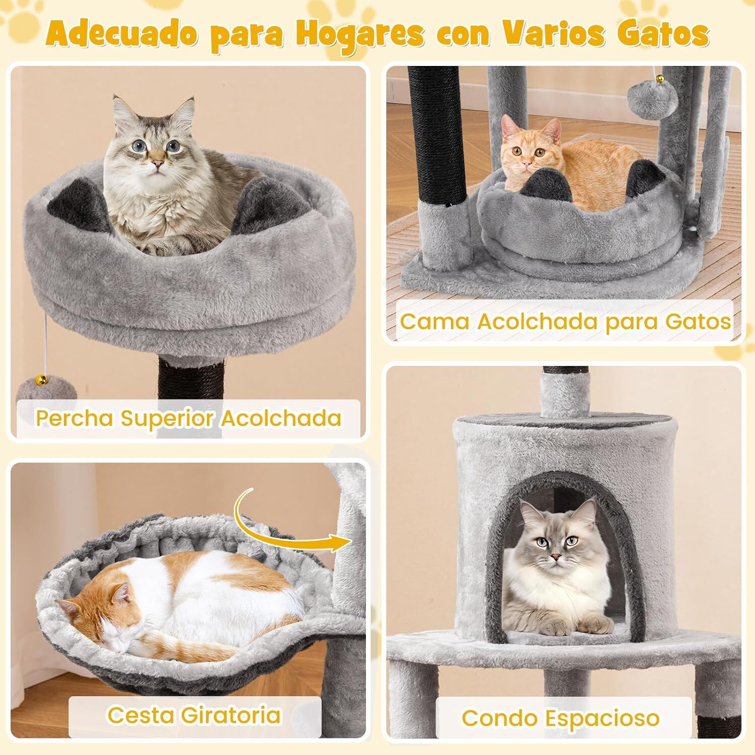 COSTWAY Rascador para Gatos de 144 cm, &Aacute;rbol Rascador para Gatos de 5 Niveles con 3 Postes de Sisal para Rascar y Tablero, Condominio, Plataformas, Hamaca, Cama, &Aacute;rbol de Actividades para Gatitos, , large Imagen numero 3