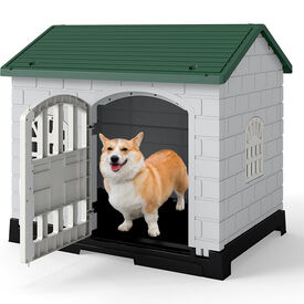 COSTWAY Casa para Perros Plegable de Pl&aacute;stico, Refugio para Mascotas Resistente a la Intemperie con Bandeja de Inodoro, Puerta con Cerradura, Techo Inclinado, Jaula de Interior Exterior para Cachorros Gatos