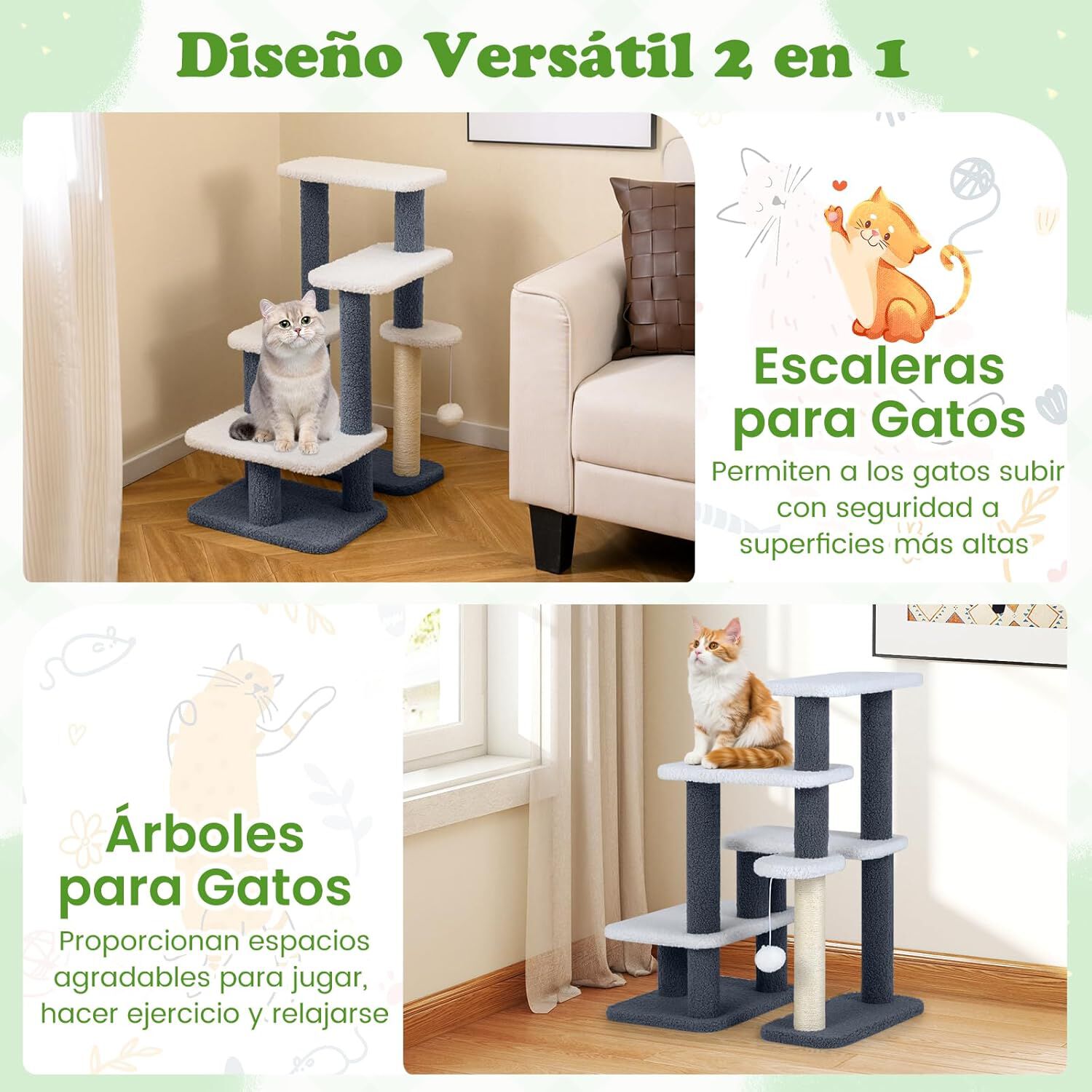 COSTWAY Escaleras para Gatos, Rscalera para Mascotas de 4 Pelda&ntilde;os, 62 x 41 x 77 cm, Escalera para Gatos de hasta 15 kg Escalera para Perros para Camas Altas, Sof&aacute;s, &Aacute;rbol Rascador para Gatos Peque&ntilde;os, , large Imagen numero 3