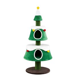 COSTWAY 156 cm &Aacute;rbol de Navidad para Gatos con 2 Casitas Grandes, Torre para Gatos con Rascadores de Yute, Juguete en Estrella con Resorte y Bolas Decorativas, Mueble de Juegos para Interior