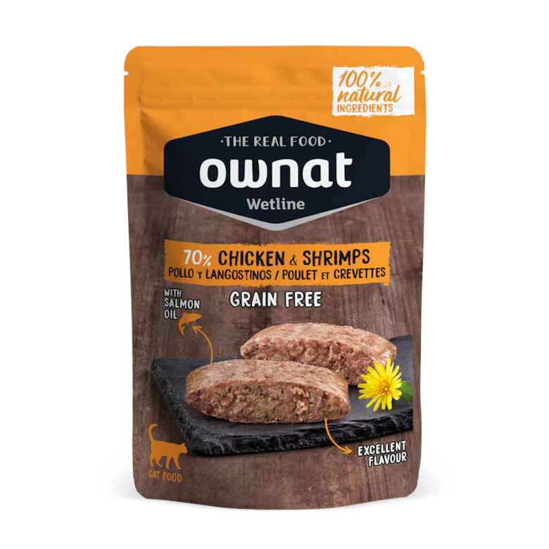 85 g Ownat Wetline Pollo y Langostinos sobre para gatos