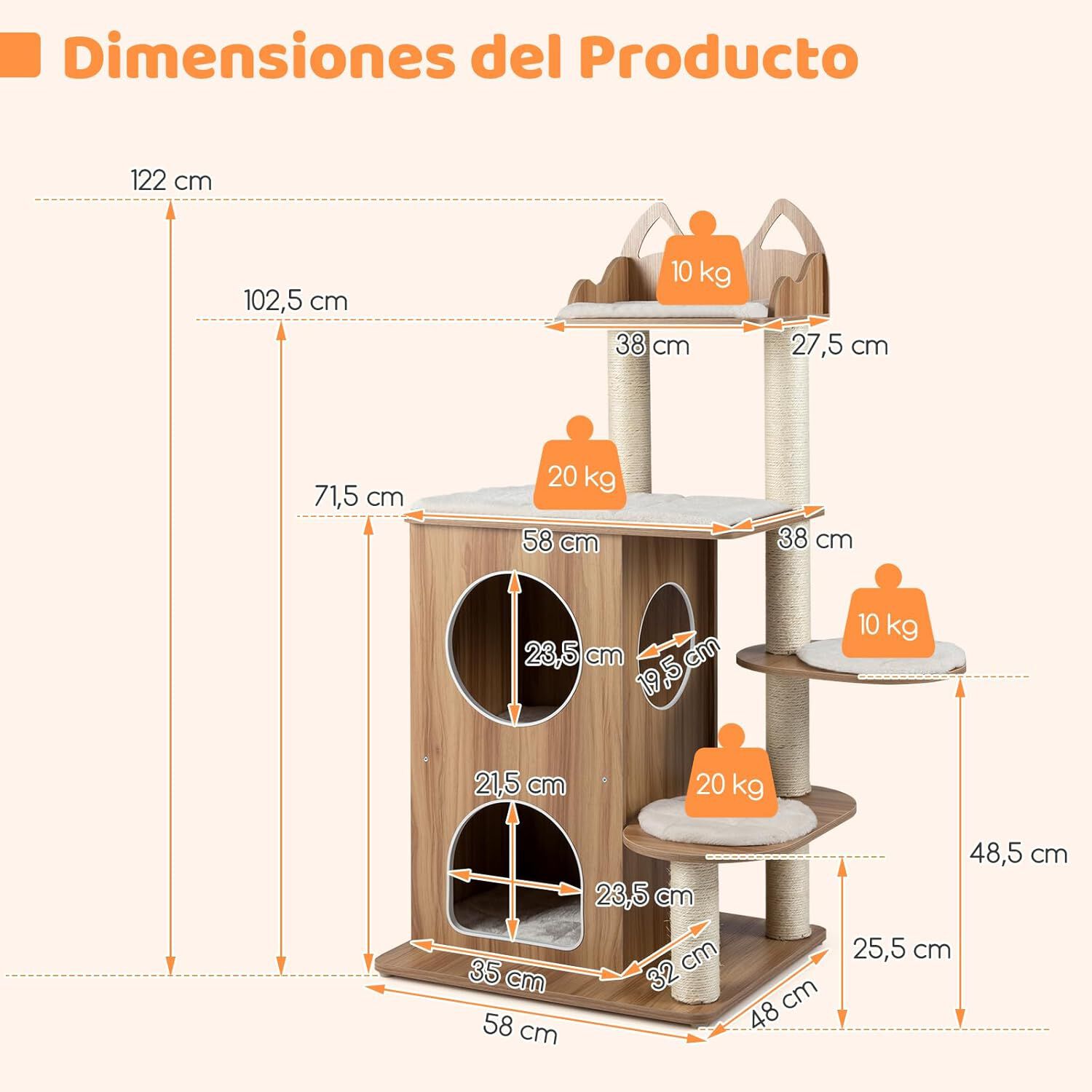 COSTWAY &Aacute;rbol Rascador para Gatos de Madera, 122 cm de Altura, Torre para Gatos con Condo de 2 Pisos, Postes de Sisal, 3 Plataformas Anchos con Cojines Desmontables, Mueble Auxiliar Moderno Gatitos, , large Imagen numero 5