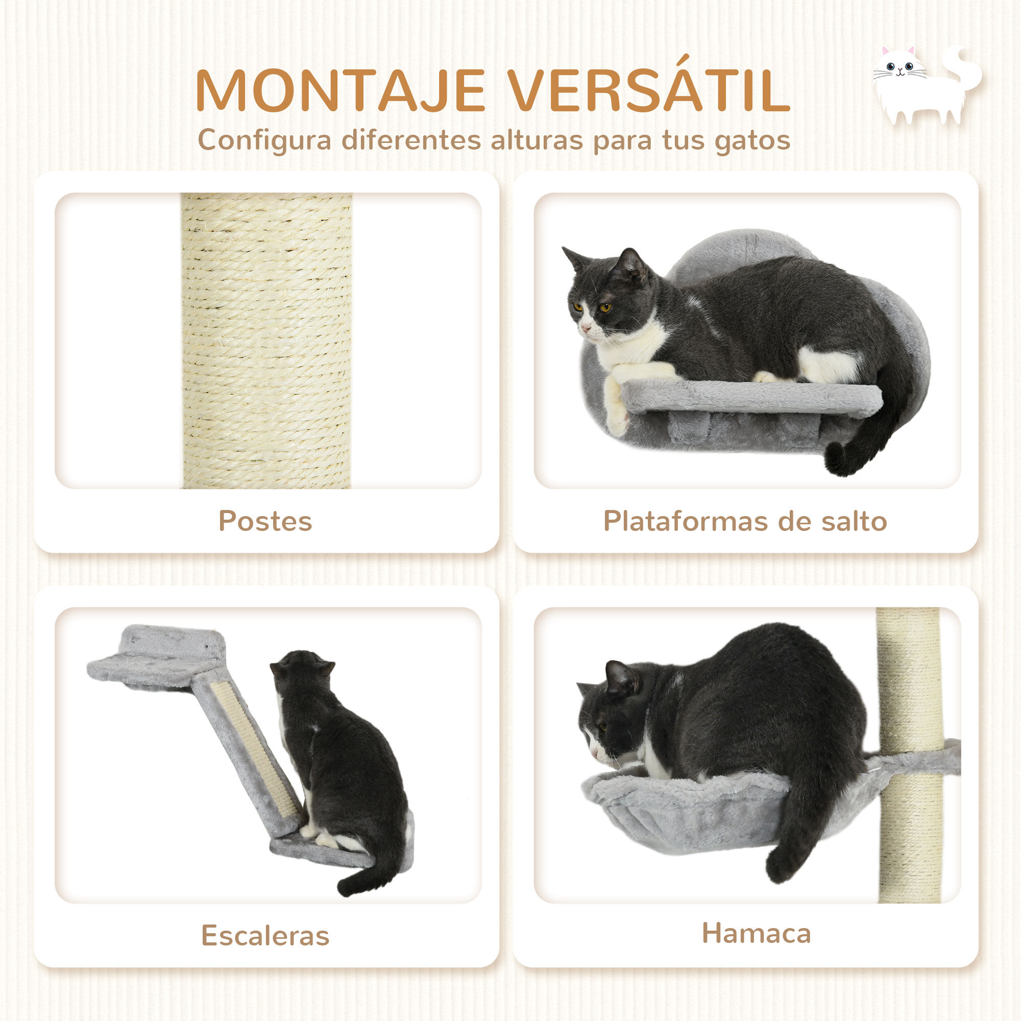PawHut Juego de Pared de Escalada para Gatos de 3 Piezas, Estanter&iacute;as de Pared para Gatos con Hamaca, Rampa con Rascador, Plataforma en Forma de Nube para Saltar, Gris, , large Imagen numero 5