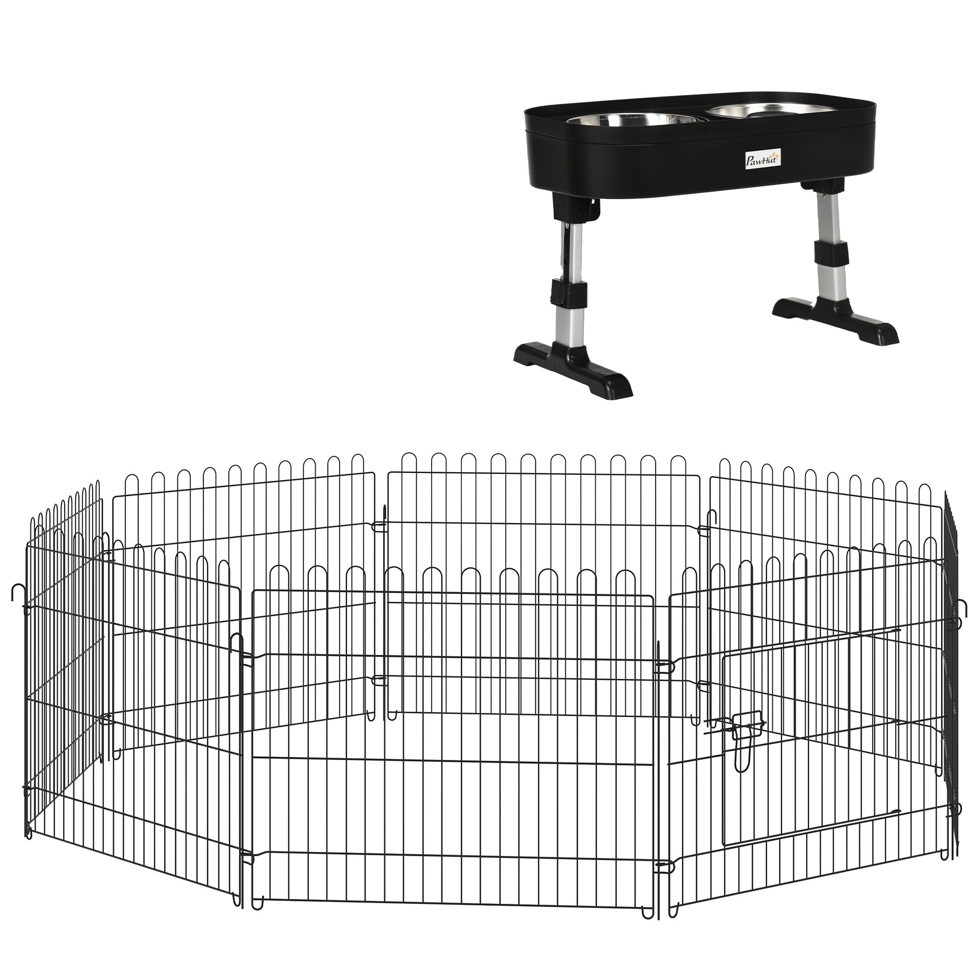 PawHut Conjunto para Mascotas Juego de Parque para Perros Plegable de 8 Paneles y Comedero Elevado para Perros de 4 Alturas Ajustables 71x61 cm 43x25x30 cm Negro, , large Imagen numero 1