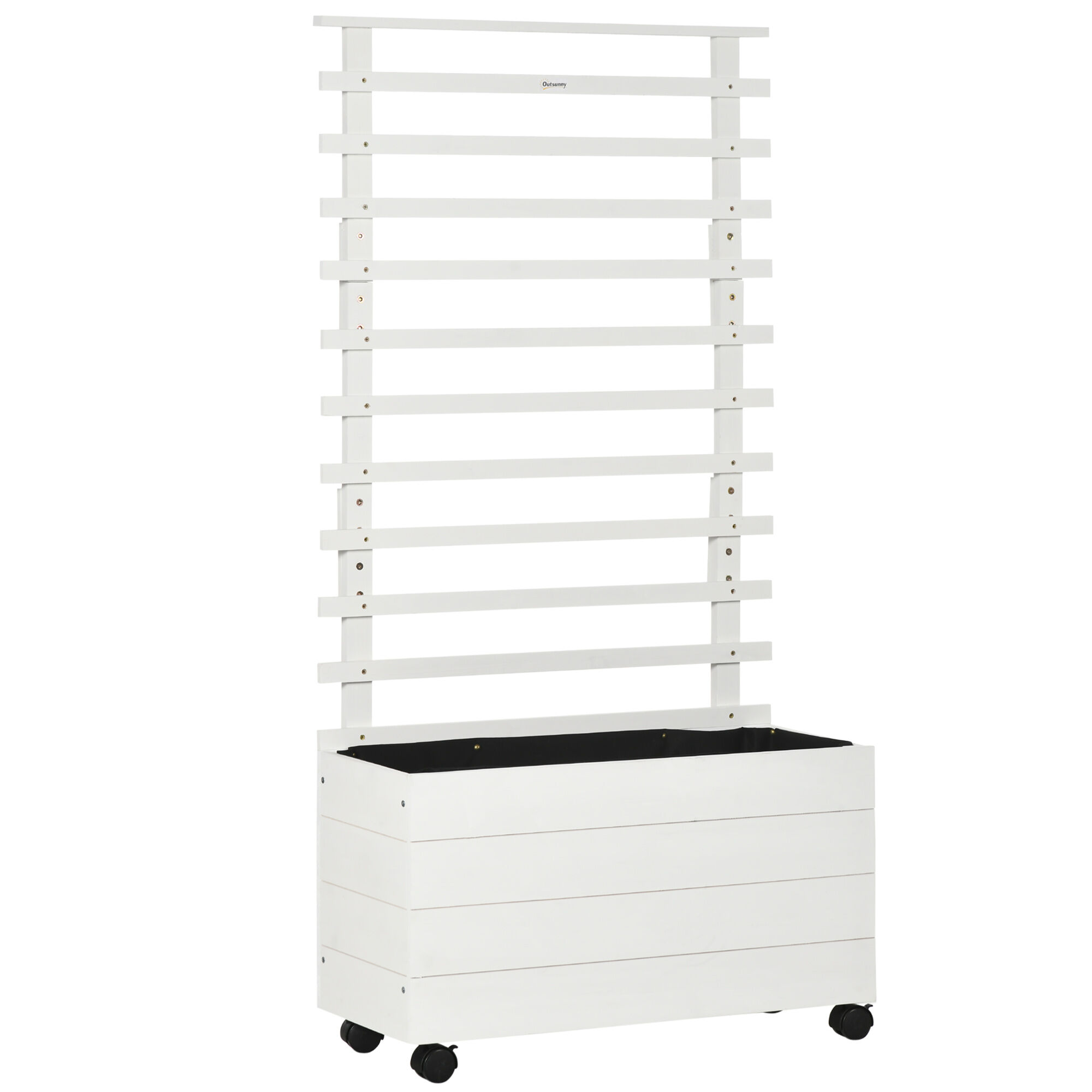 Outsunny Jardinera con Enrejado de Madera Maciza con 4 Ruedas Macetero de Jard&iacute;n con Soporte para Trepadora y Tela Geotextil para Cultivos Plantas Flores 76x30x155 cm Blanco, , large Imagen numero 1