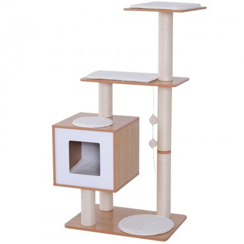PawHut árbol rascador con cueva de madera natural para gato thumbnail