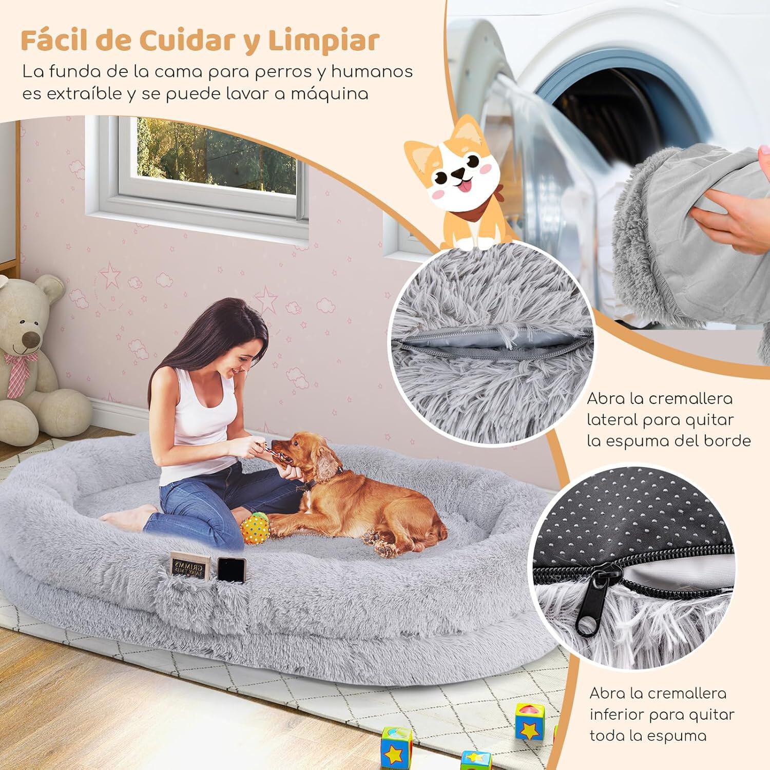 COSTWAY Cama para Mascotas y Personas Adultos, Cama Perro para Siesta Lavable y Esponjosa de Piel, con Manta Suave, Almohada Regordeta, para Personas, Mascotas, 171 x 115 x 25 cm Gris, , large Imagen numero 4