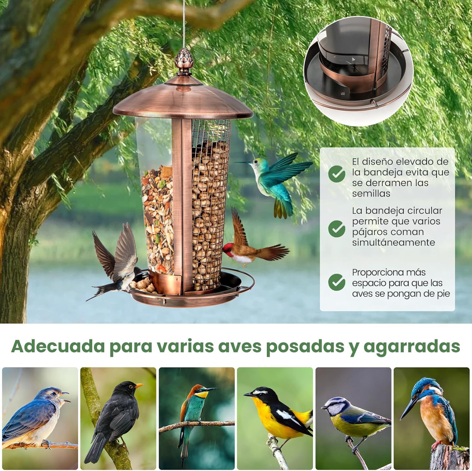 COSTWAY Comedero 2 en 1 de Metal para P&aacute;jaros Silvestres, Comedero Solar con Techo y 2 Tubos para P&aacute;jaros al Aire Libre,Comedero para Semillas de Aves Separadas, Decoraci&oacute;n de Jard&iacute;n y Patio, , large Imagen numero 5