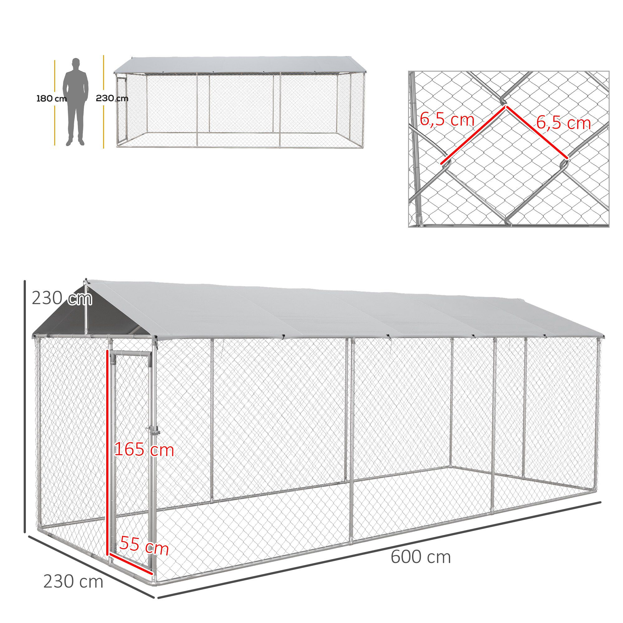 PawHut Perrera Jaula de Exterior para Perros Parque para Perros con 1 Puerta Marco de Acero Toldo Impermeable y Anti-UV 600x230x230 cm Plata, , large Imagen numero 3